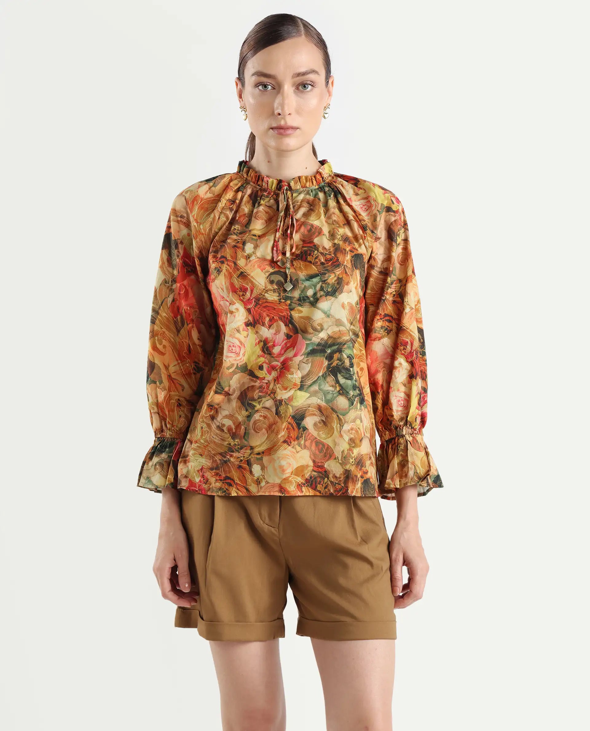 Rareism Women's Galski Multi Cotton Drop Collar Abstract Print Raglan Sleeve Regular Fit Top