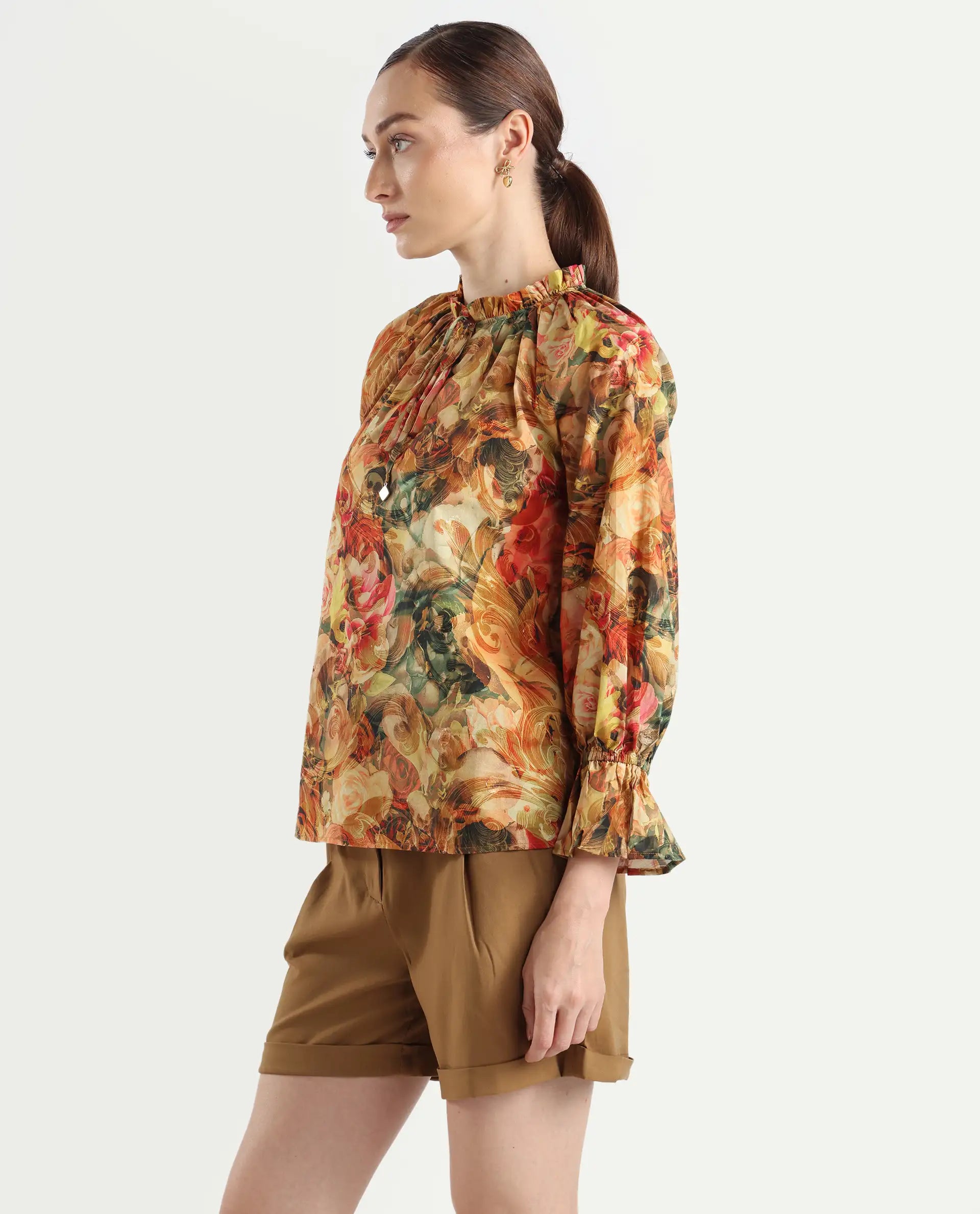 Rareism Women's Galski Multi Cotton Drop Collar Abstract Print Raglan Sleeve Regular Fit Top