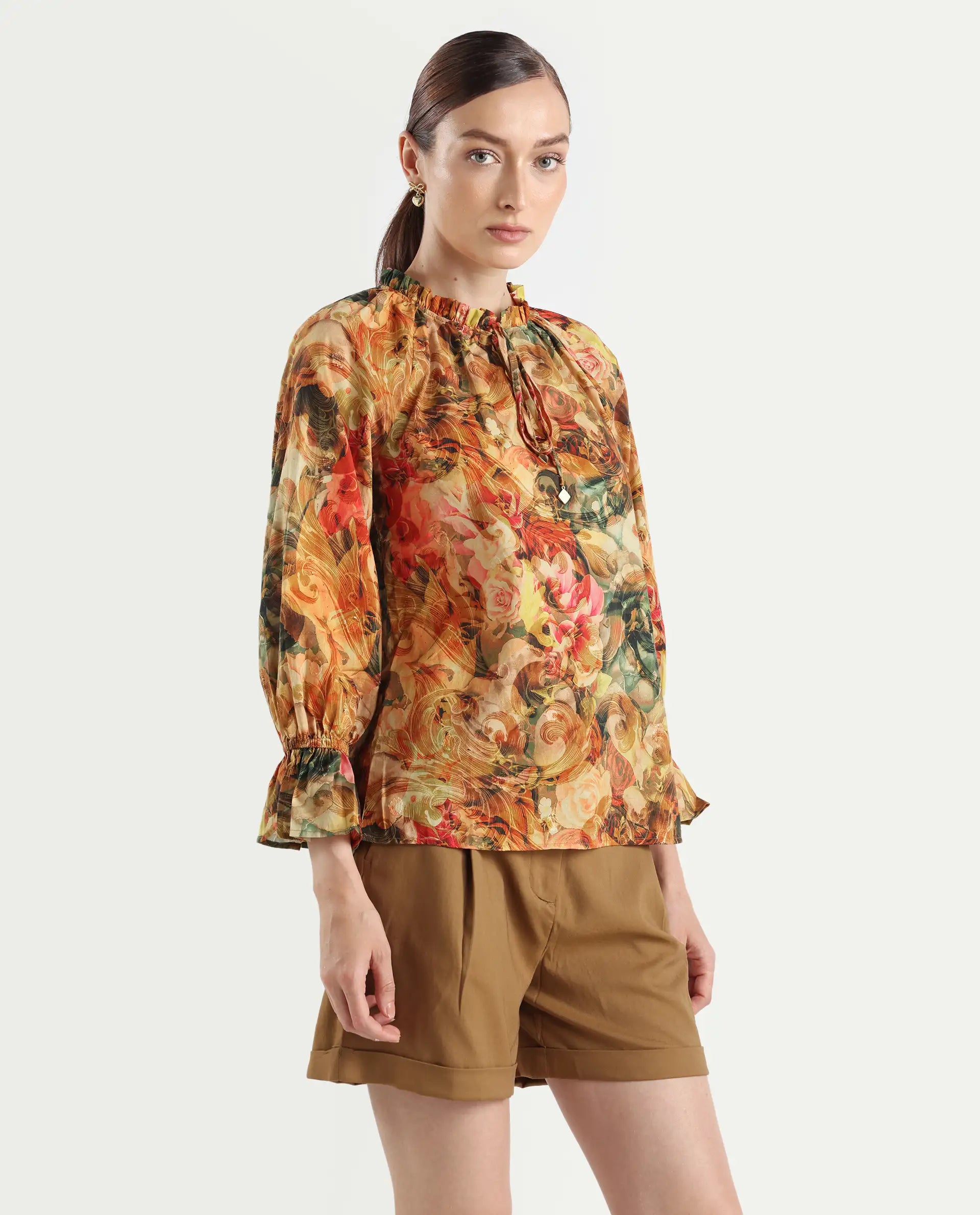 Rareism Women's Galski Multi Cotton Drop Collar Abstract Print Raglan Sleeve Regular Fit Top