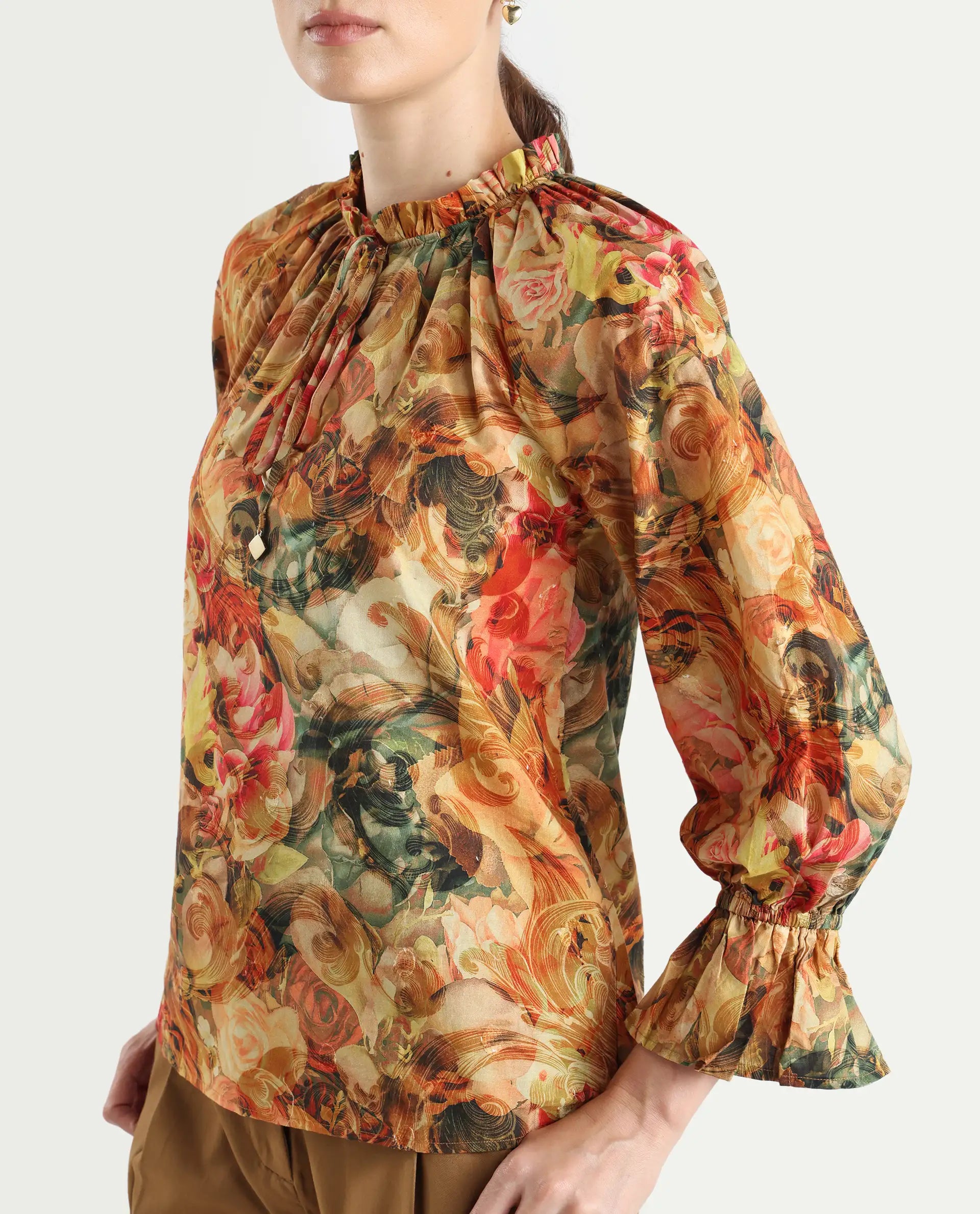 Rareism Women's Galski Multi Cotton Drop Collar Abstract Print Raglan Sleeve Regular Fit Top