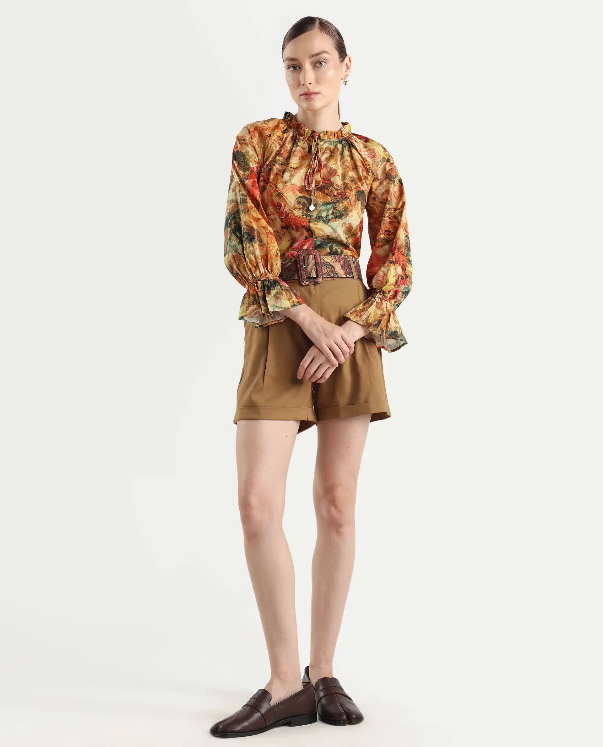 Rareism Women's Galski Multi Cotton Drop Collar Abstract Print Raglan Sleeve Regular Fit Top