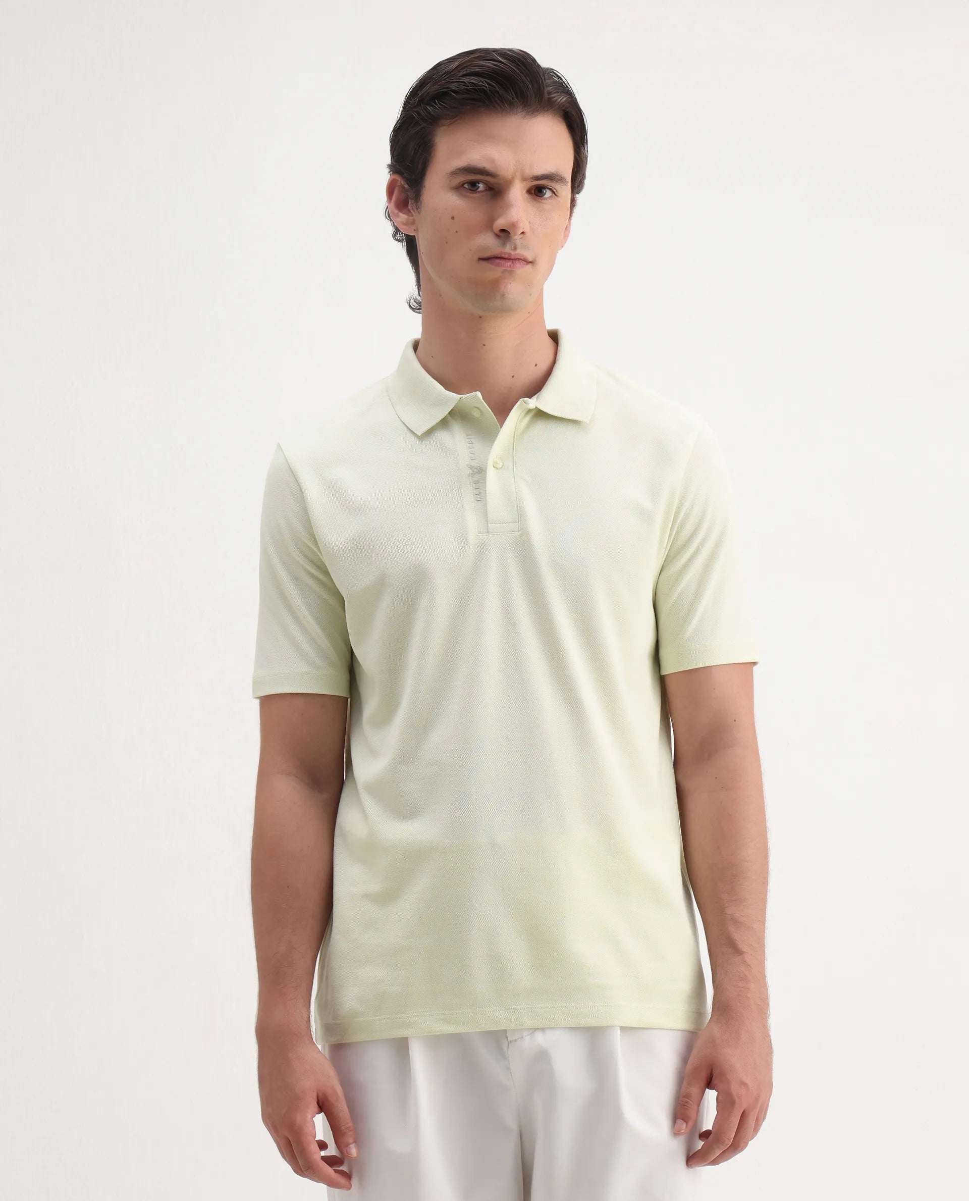 Rare Rabbit Men's Gamer Pastel Yellow Cotton Blend Plain Regular Fit Half Sleeve Polo