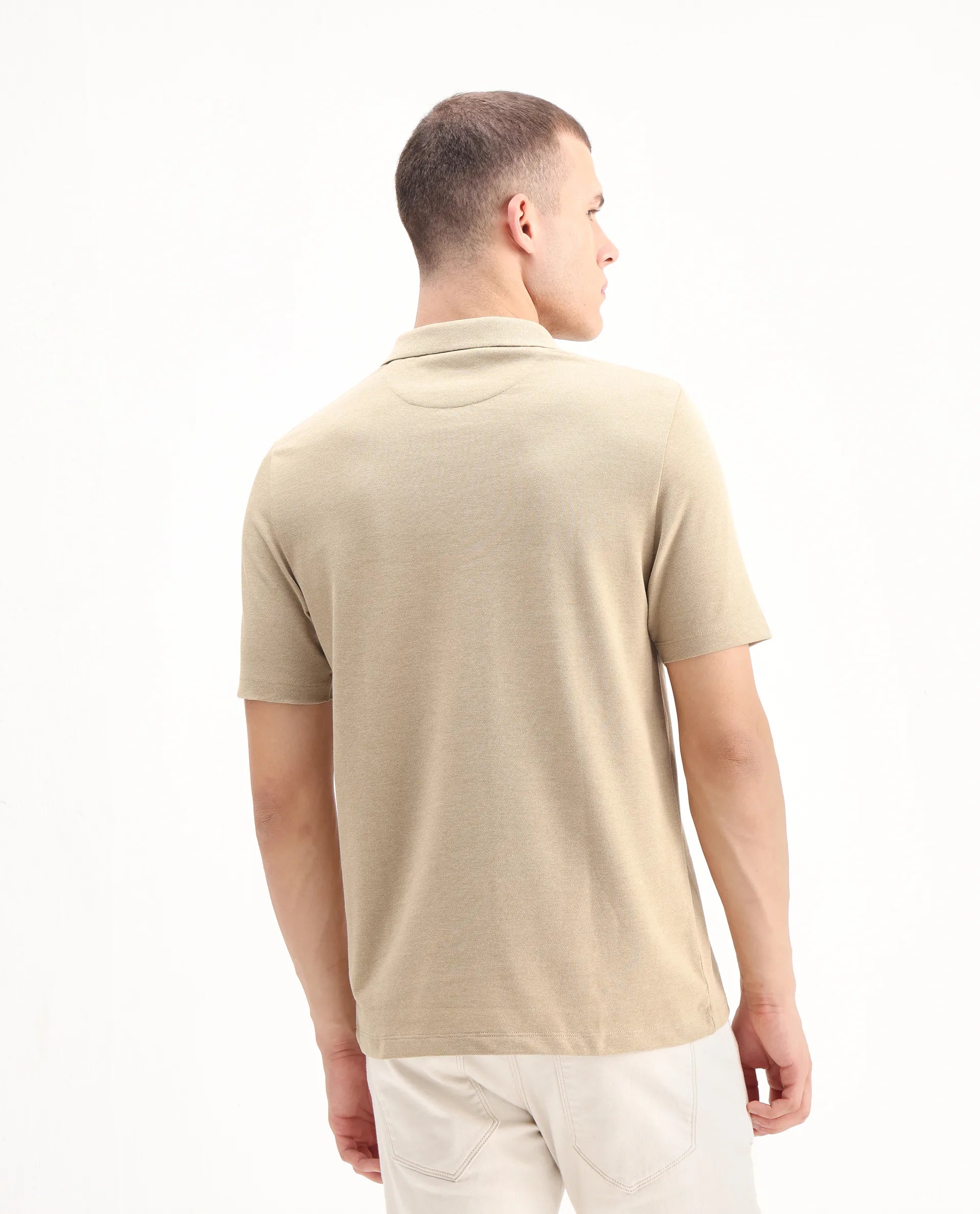 Rare Rabbit Men's Gamor Beige Cotton Blend Plain Regular Fit Half Sleeve Polo