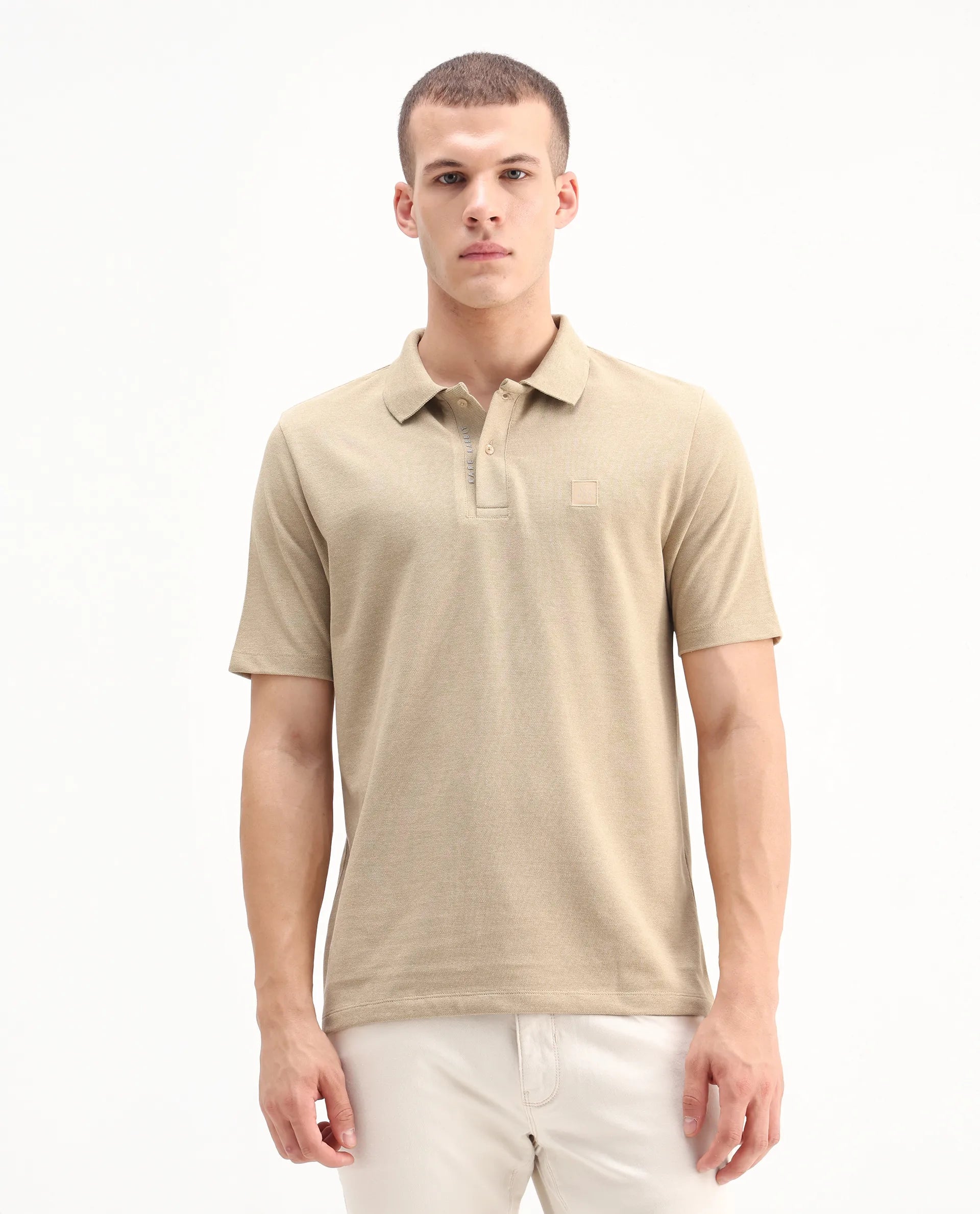Rare Rabbit Men's Gamor Beige Cotton Blend Plain Regular Fit Half Sleeve Polo