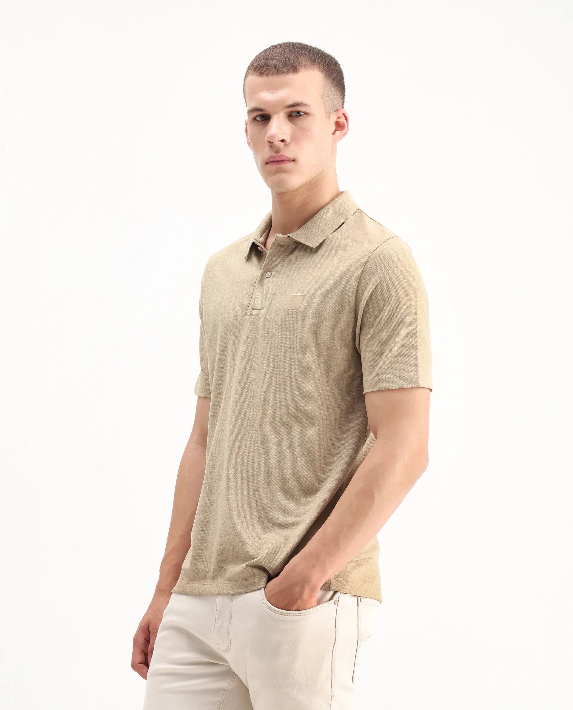 Rare Rabbit Men's Gamor Beige Cotton Blend Plain Regular Fit Half Sleeve Polo