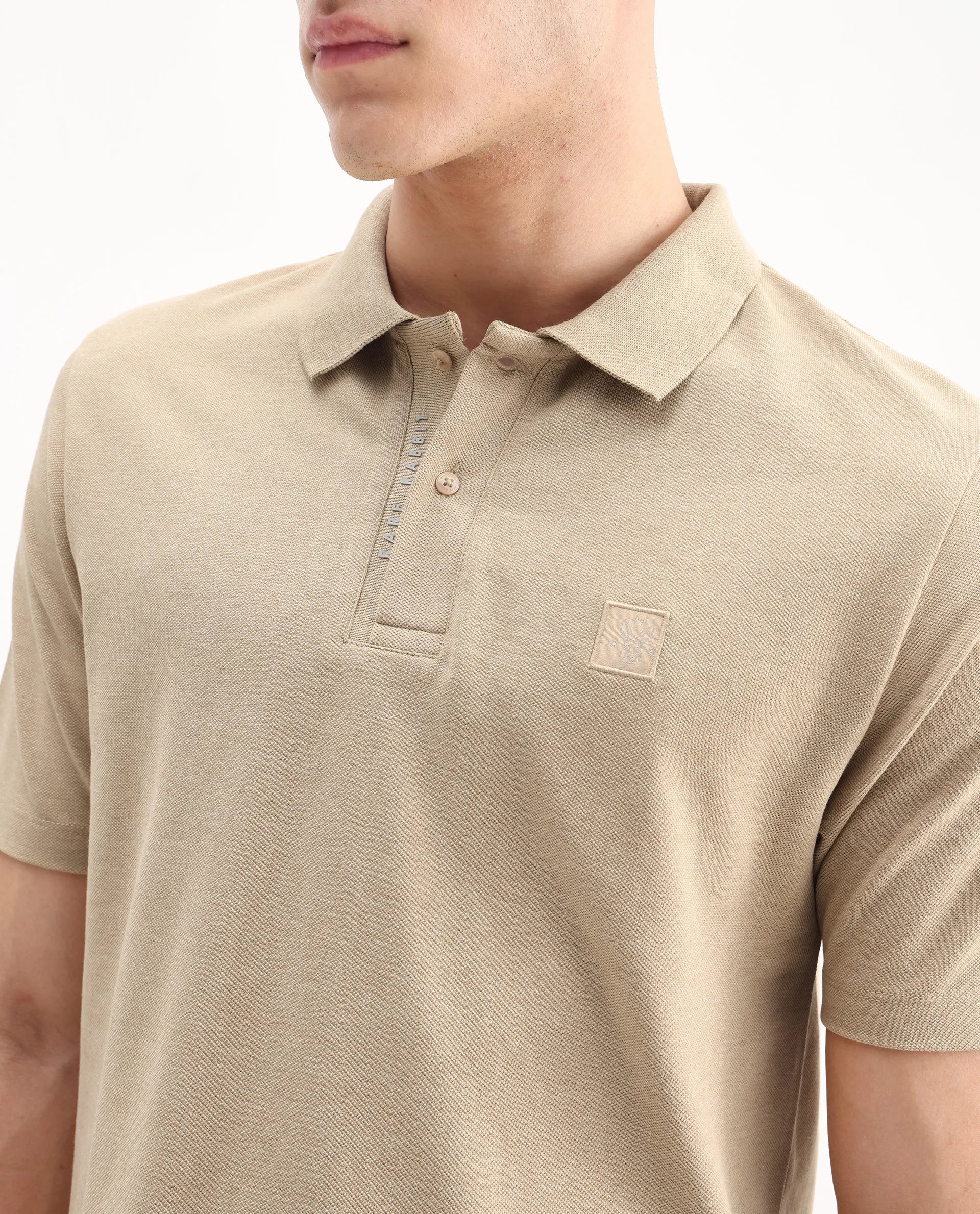 Rare Rabbit Men's Gamor Beige Cotton Blend Plain Regular Fit Half Sleeve Polo