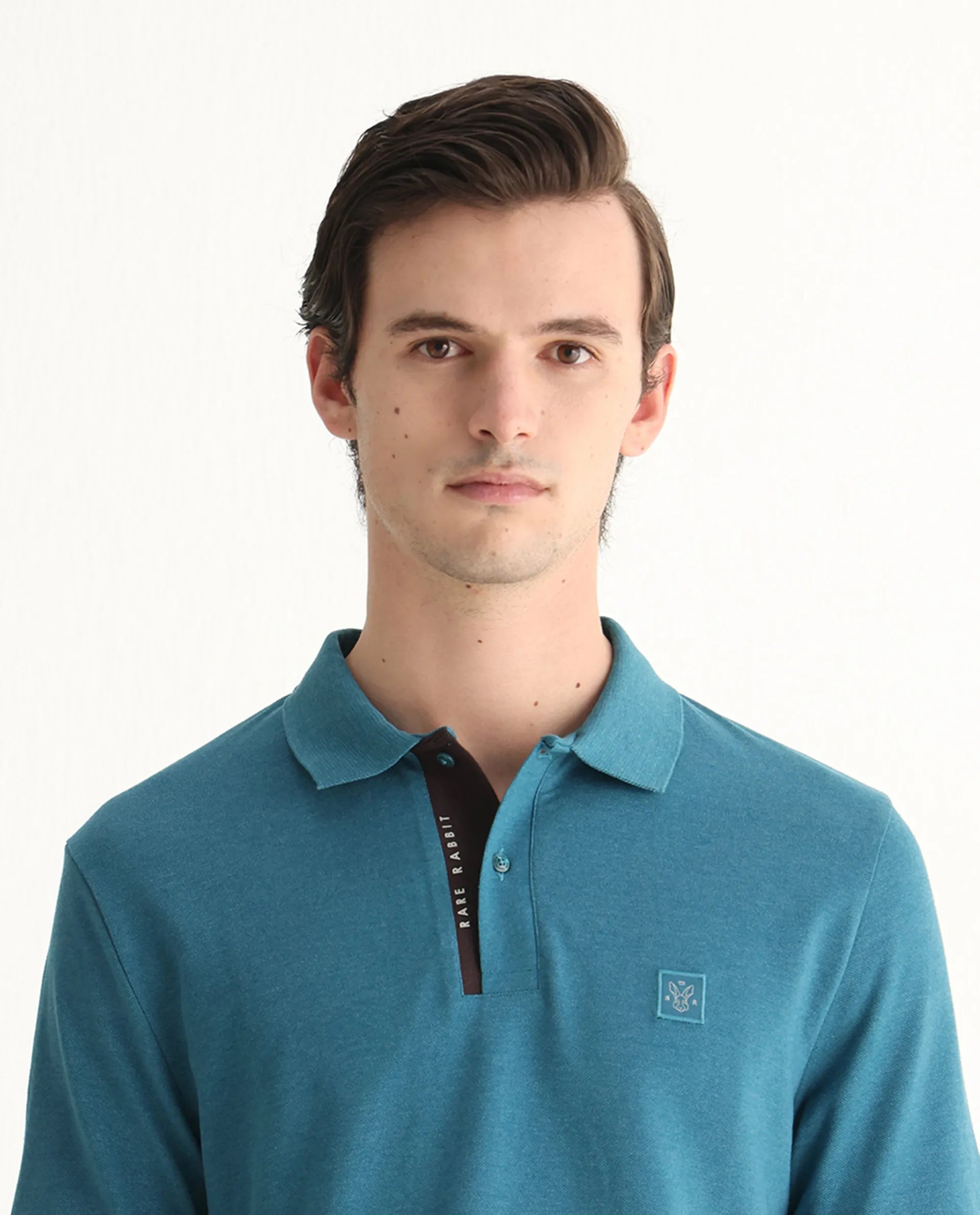 Rare Rabbit Men's Gamor Teal Cotton Blend Plain Regular Fit Half Sleeve Polo