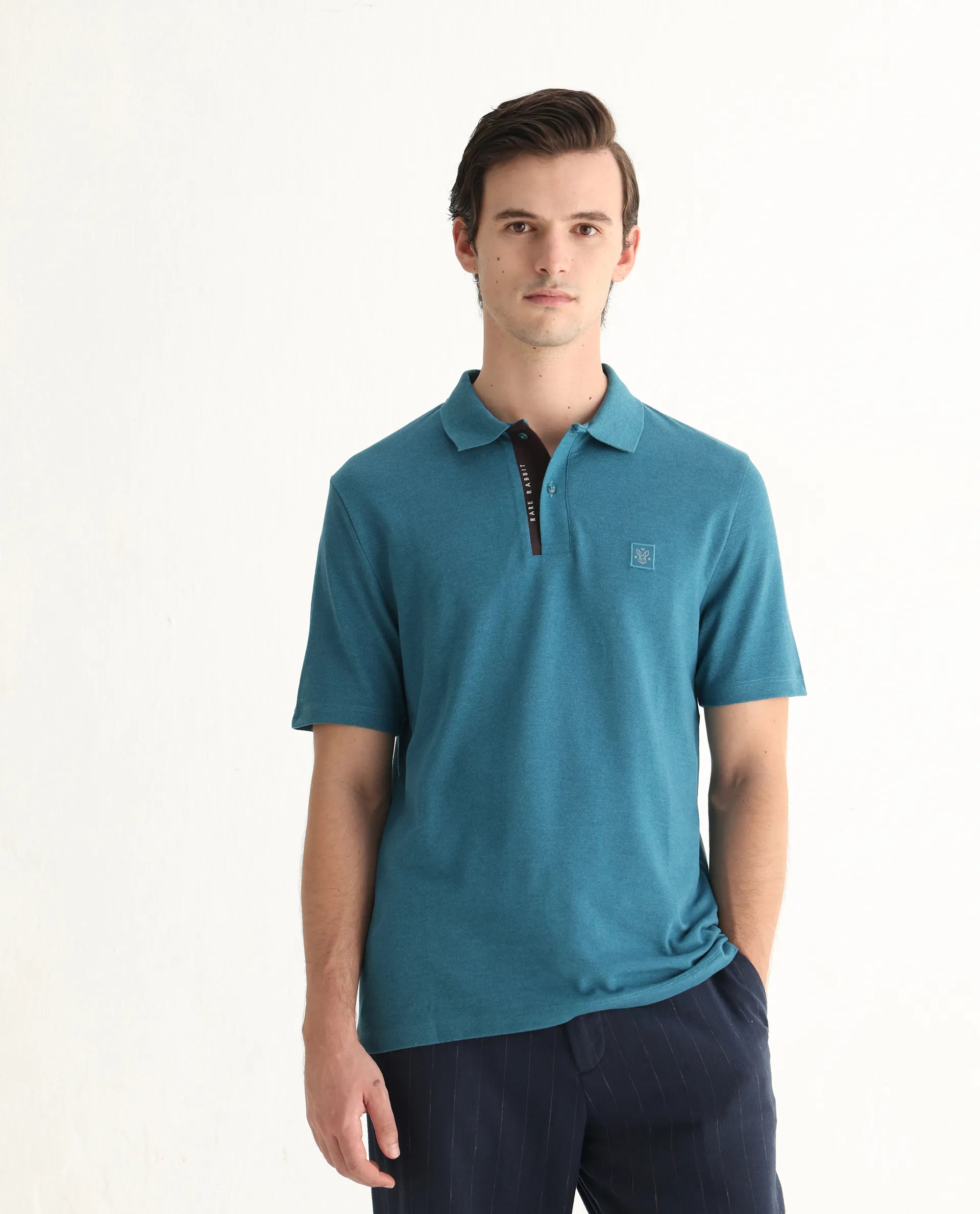 Rare Rabbit Men's Gamor Teal Cotton Blend Plain Regular Fit Half Sleeve Polo