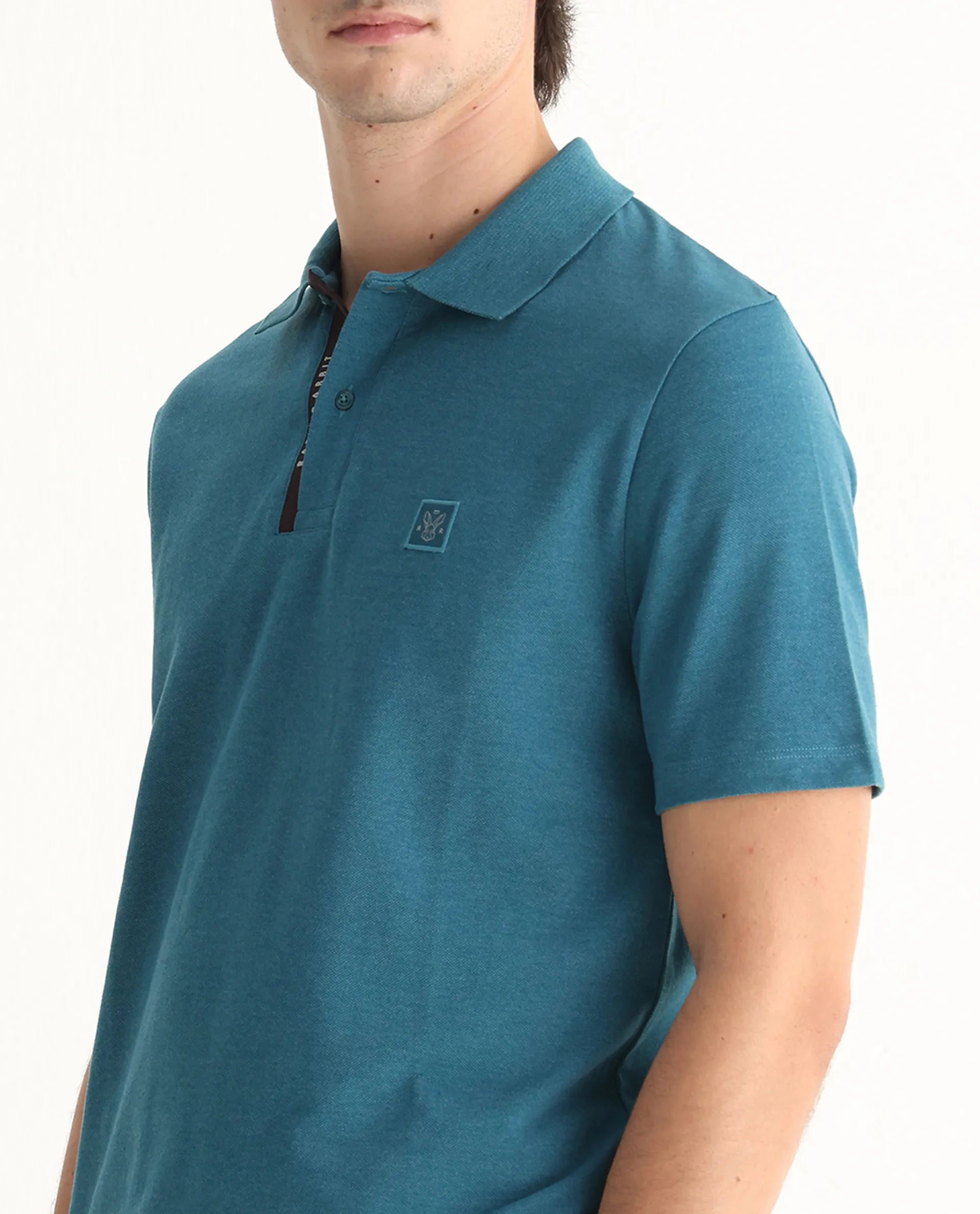 Rare Rabbit Men's Gamor Teal Cotton Blend Plain Regular Fit Half Sleeve Polo