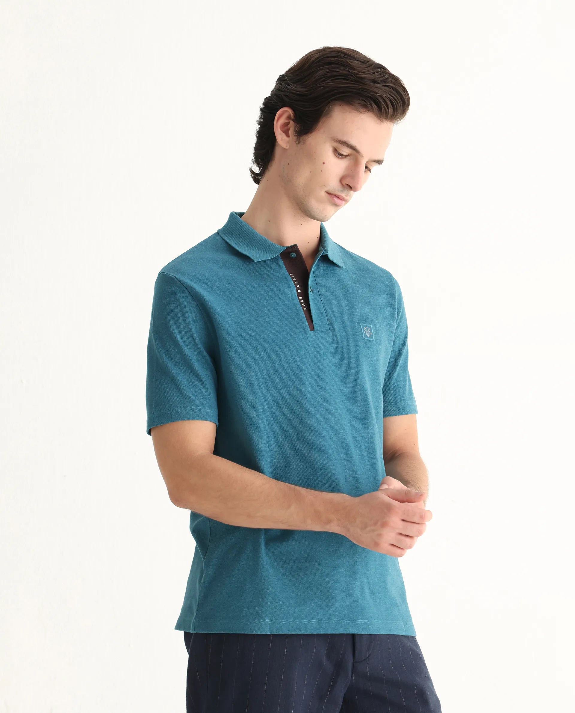 Rare Rabbit Men's Gamor Teal Cotton Blend Plain Regular Fit Half Sleeve Polo