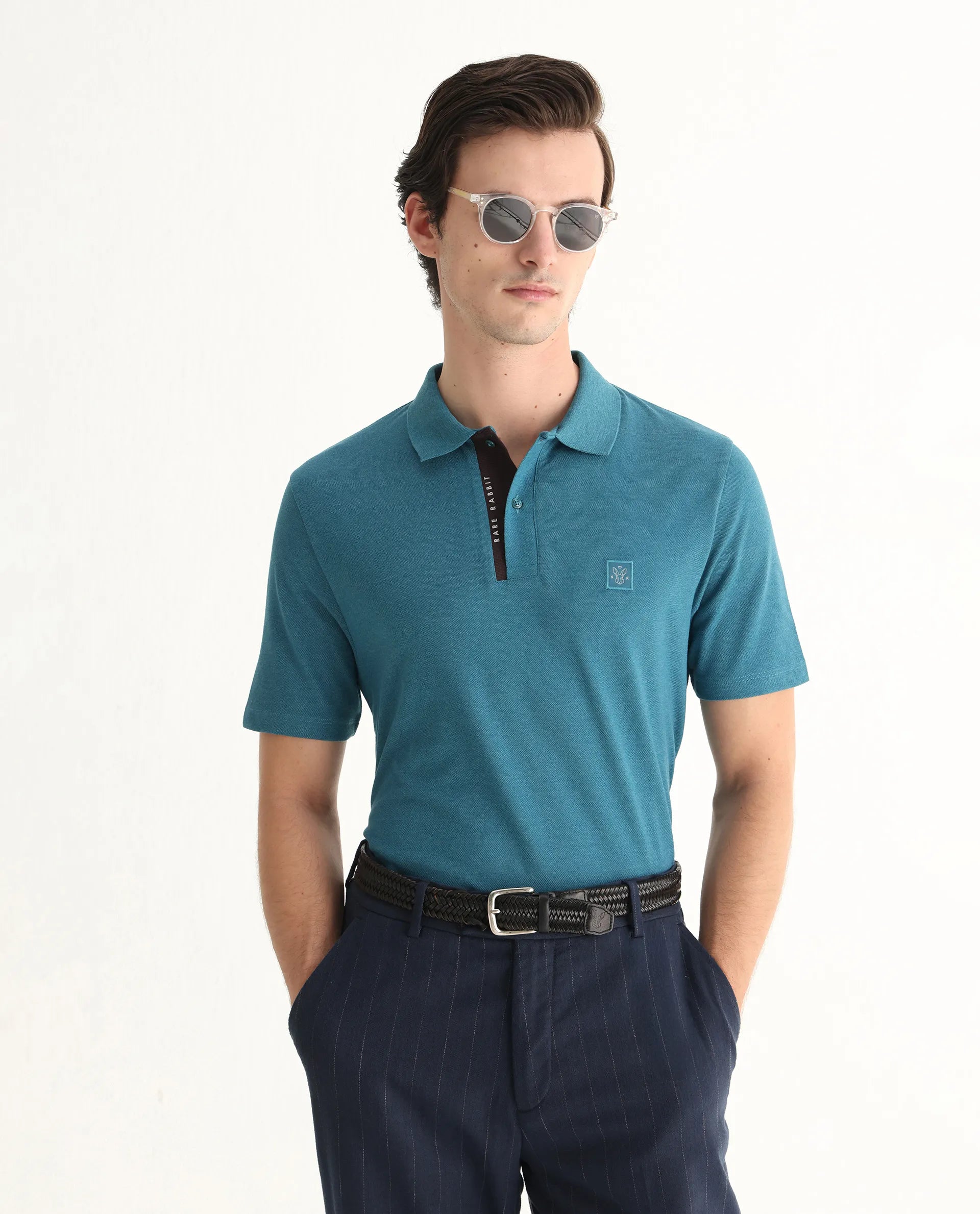 Rare Rabbit Men's Gamor Teal Cotton Blend Plain Regular Fit Half Sleeve Polo