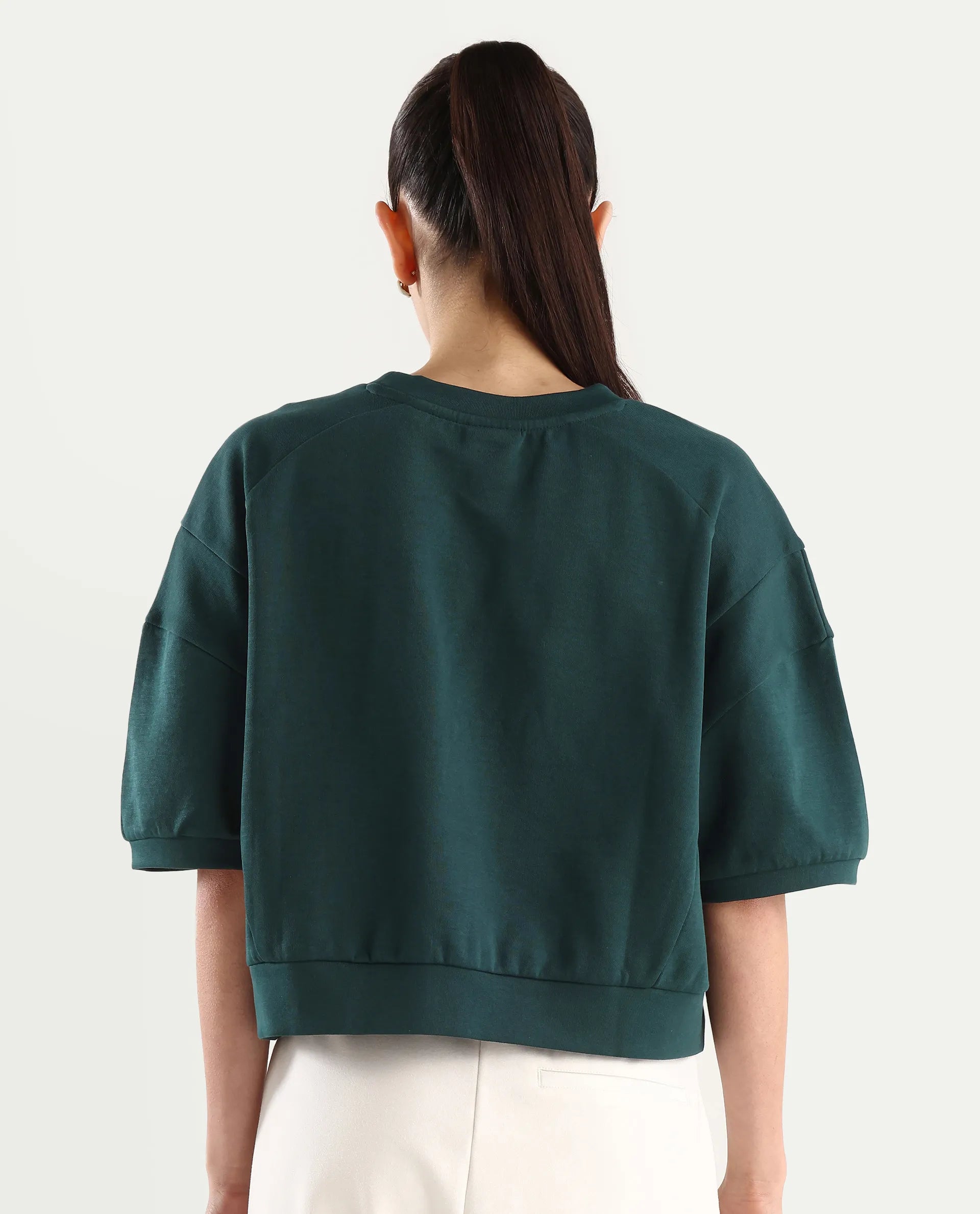 Rareism Women's Ganges Green Cotton Blend Crew Neck Plain Crop Relaxed Fit Sweatshirt