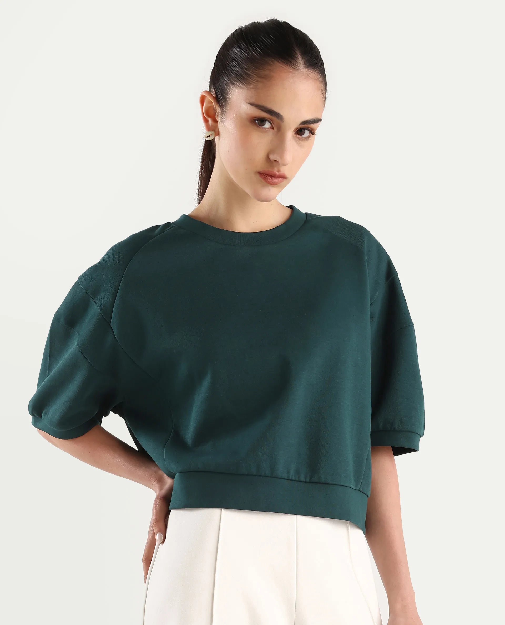 Rareism Women's Ganges Green Cotton Blend Crew Neck Plain Crop Relaxed Fit Sweatshirt