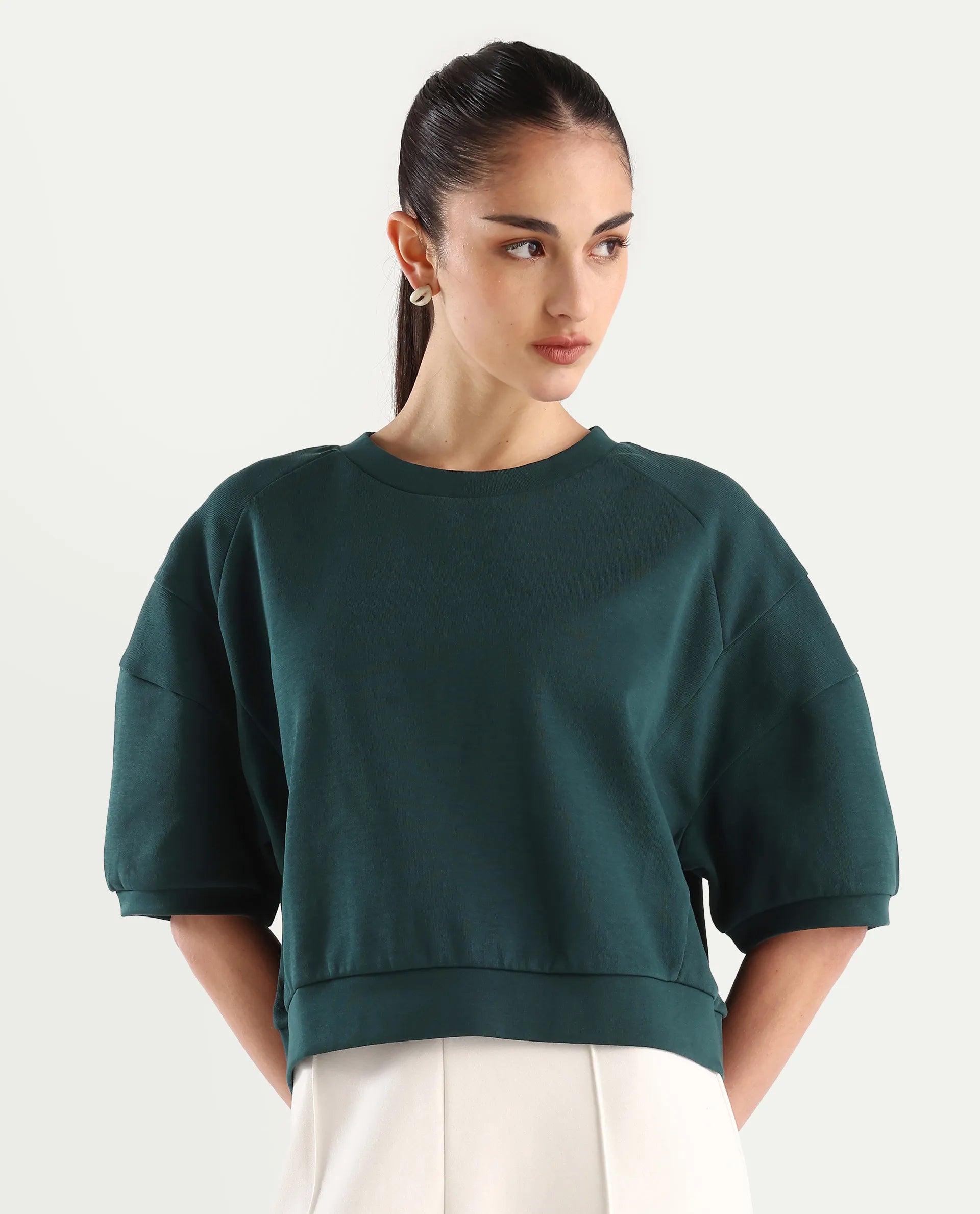 Rareism Women's Ganges Green Cotton Blend Crew Neck Plain Crop Relaxed Fit Sweatshirt