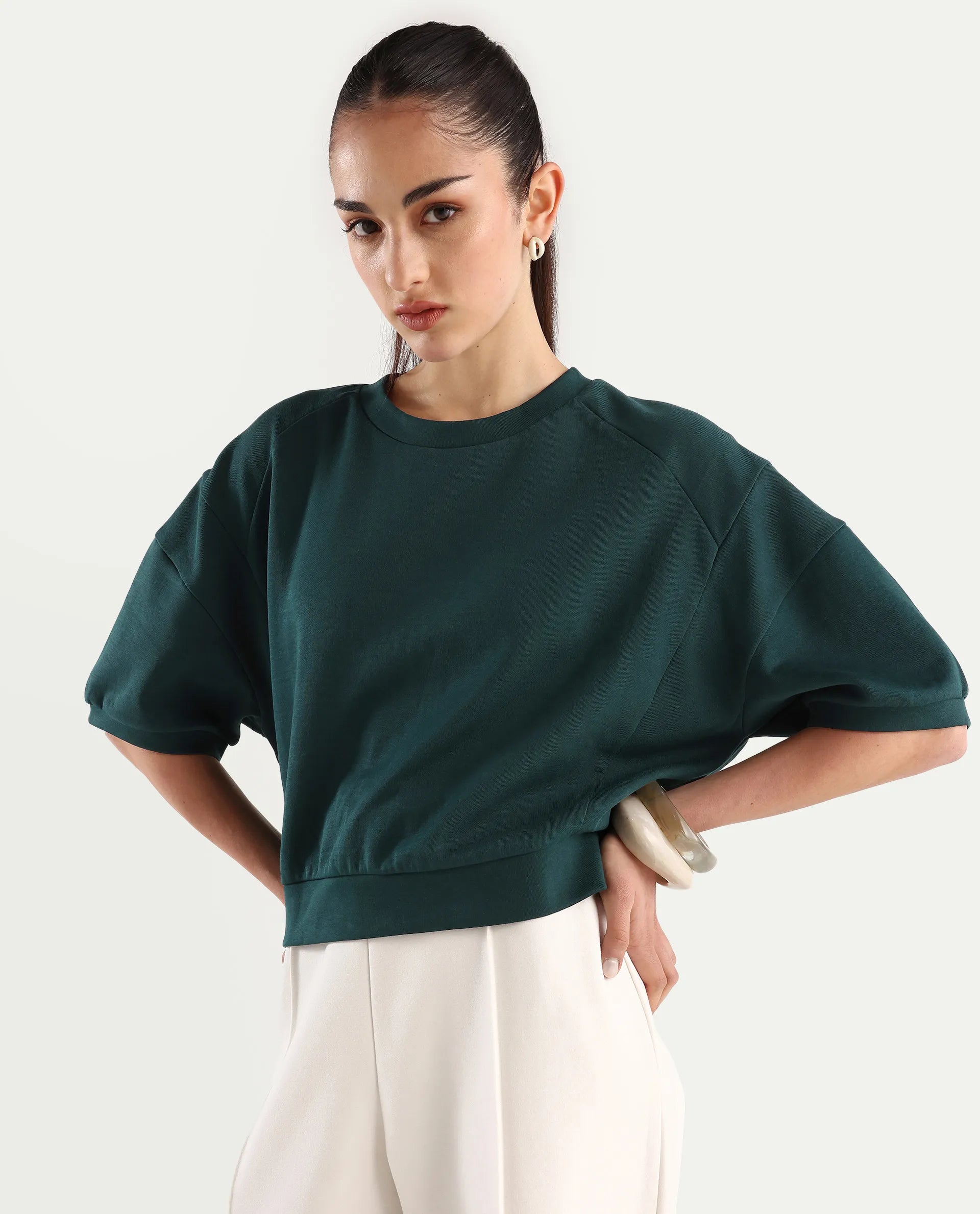 Rareism Women's Ganges Green Cotton Blend Crew Neck Plain Crop Relaxed Fit Sweatshirt