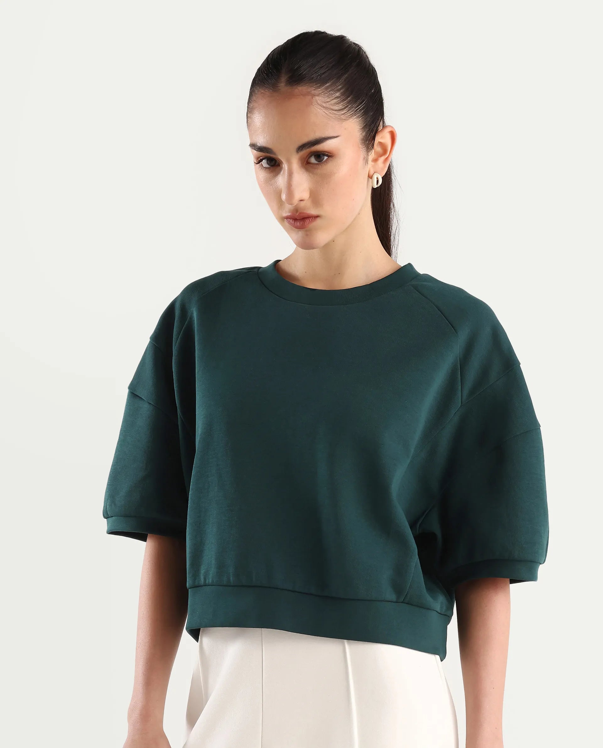 Rareism Women's Ganges Green Cotton Blend Crew Neck Plain Crop Relaxed Fit Sweatshirt