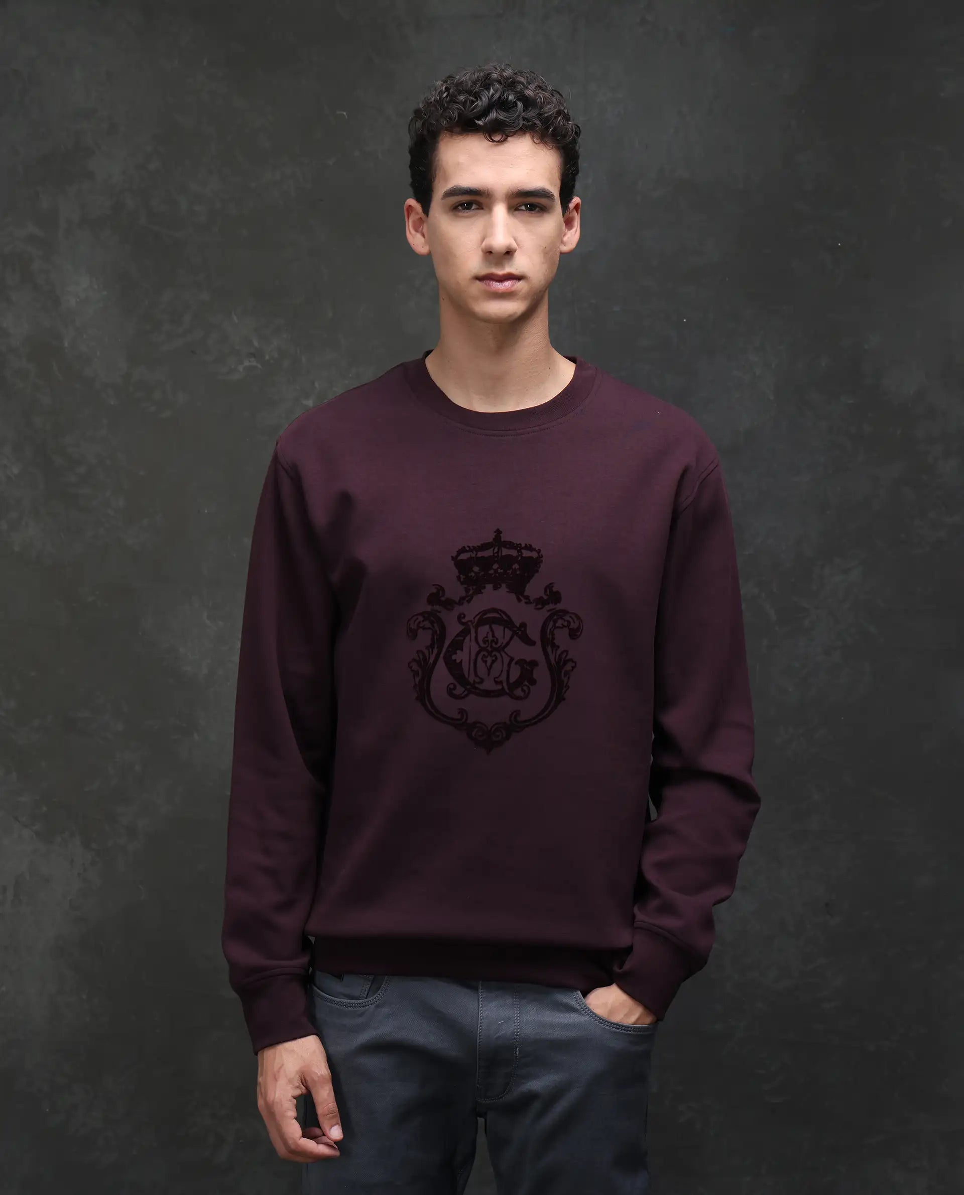 Rare Rabbit Men's Garon Dark Maroon Cotton Blend Graphic Print Relaxed Fit Full Sleeve Crew Neck Sweatshirt