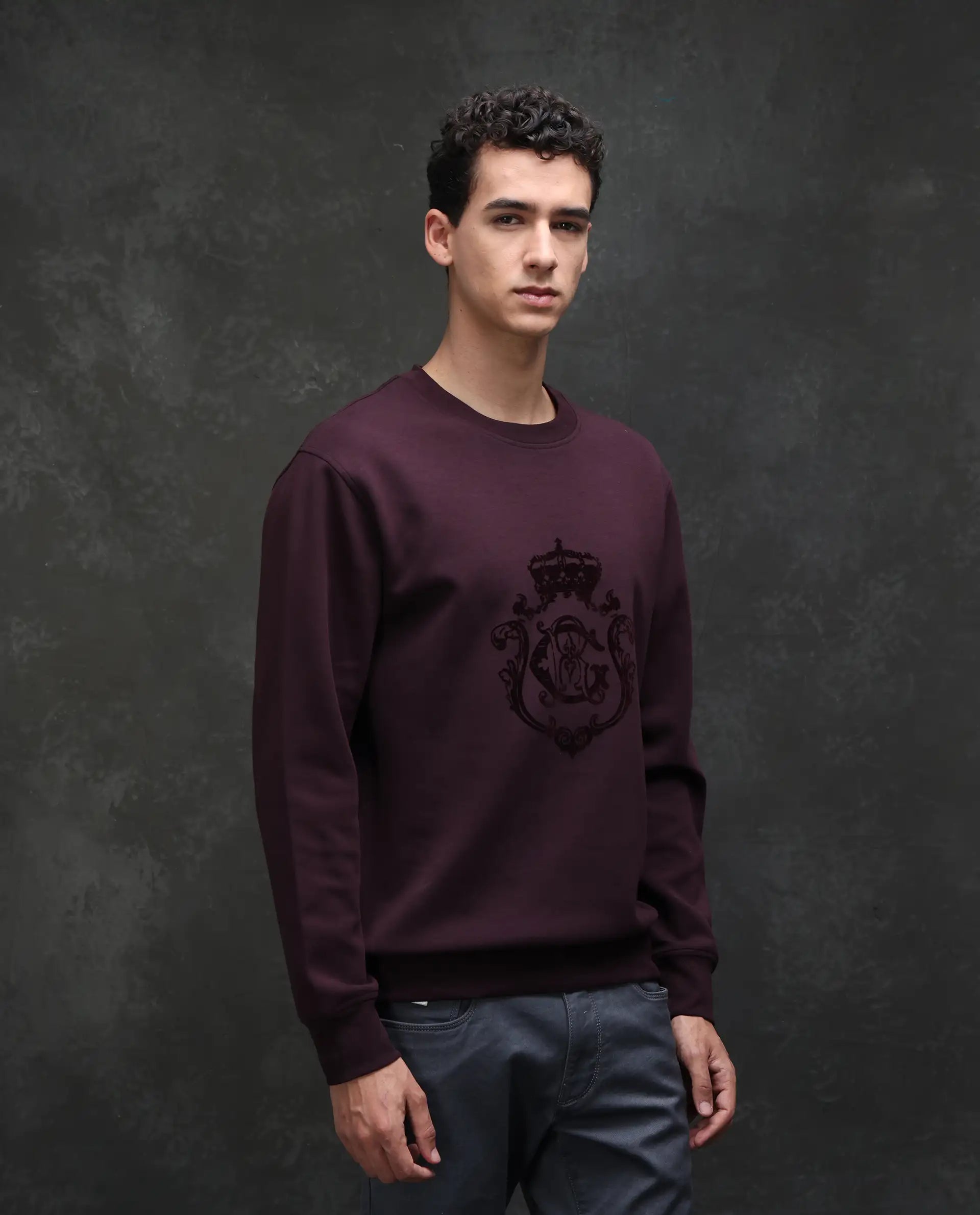 Rare Rabbit Men's Garon Dark Maroon Cotton Blend Graphic Print Relaxed Fit Full Sleeve Crew Neck Sweatshirt