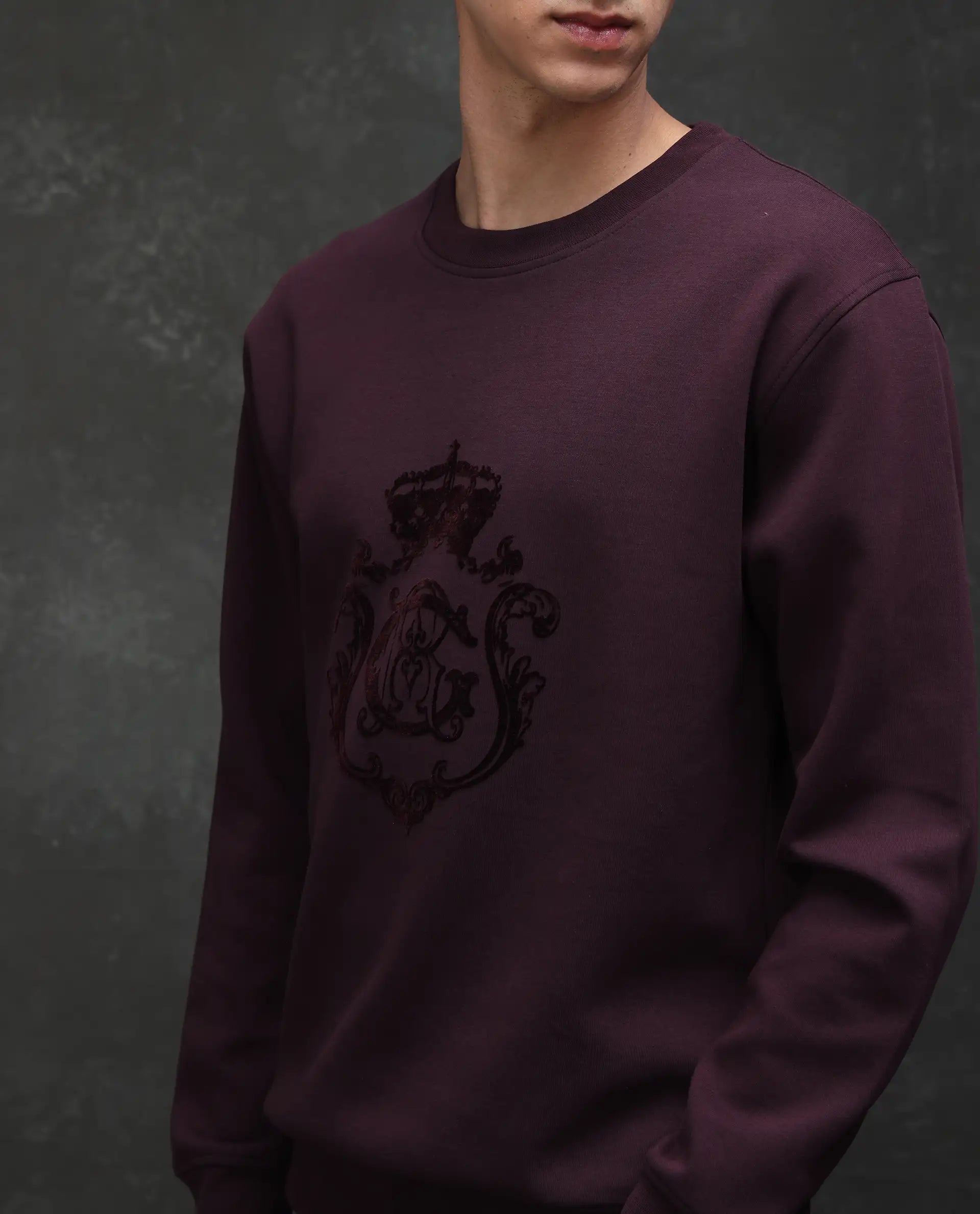 Rare Rabbit Men's Garon Dark Maroon Cotton Blend Graphic Print Relaxed Fit Full Sleeve Crew Neck Sweatshirt
