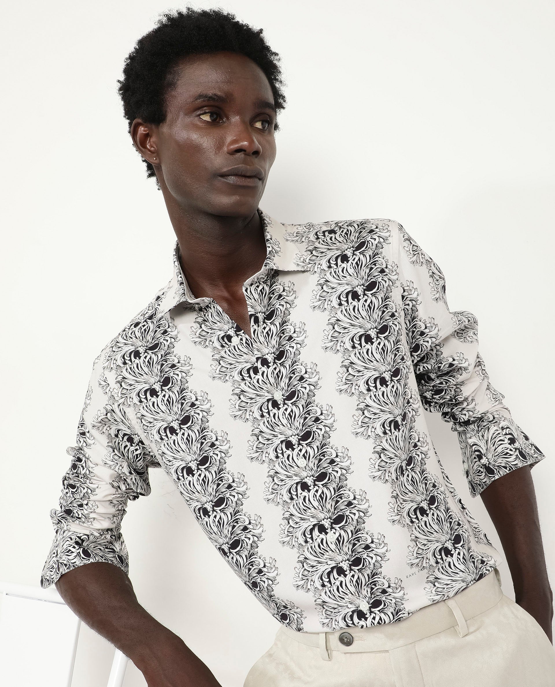 Rare Rabbit Men's Gasta LS Off White Viscose Fabric Full Sleeves Regular Fit Floral Geometric Print Shirt