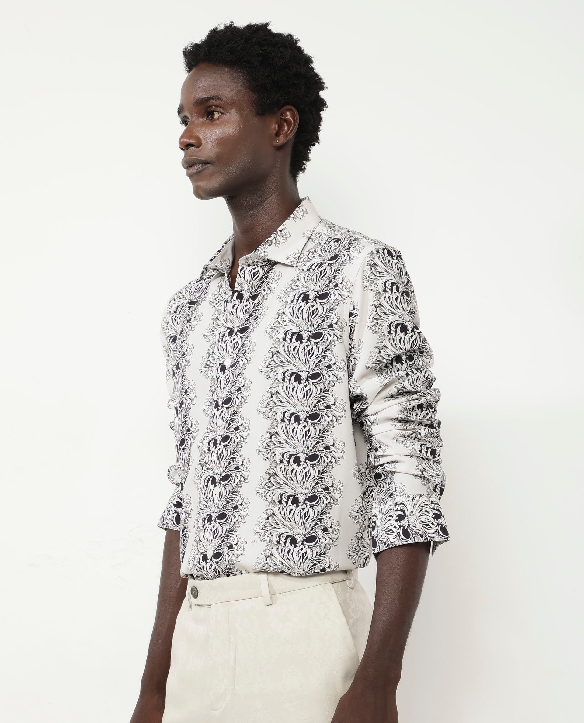 Rare Rabbit Men's Gasta LS Off White Viscose Fabric Full Sleeves Regular Fit Floral Geometric Print Shirt