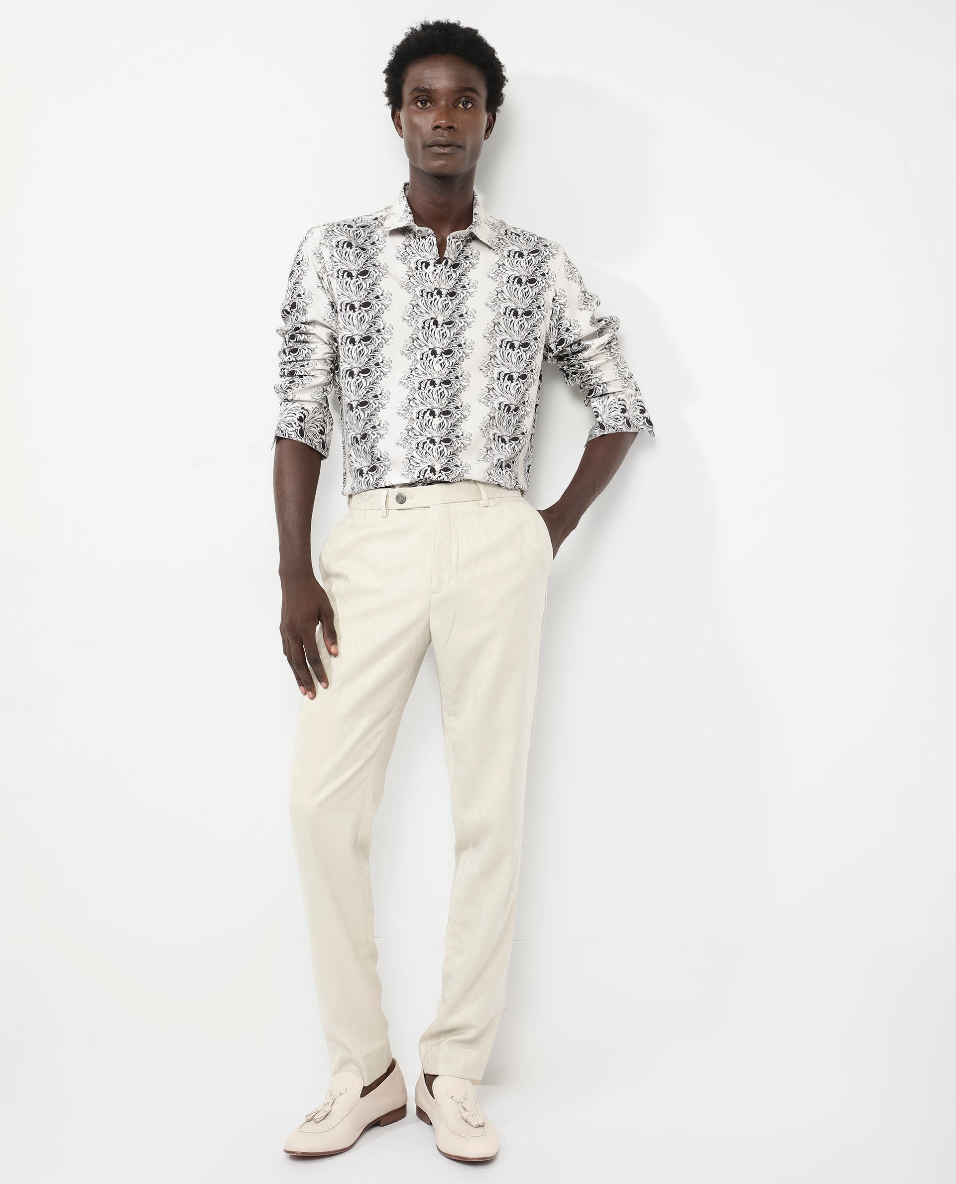 Rare Rabbit Men's Gasta LS Off White Viscose Fabric Full Sleeves Regular Fit Floral Geometric Print Shirt