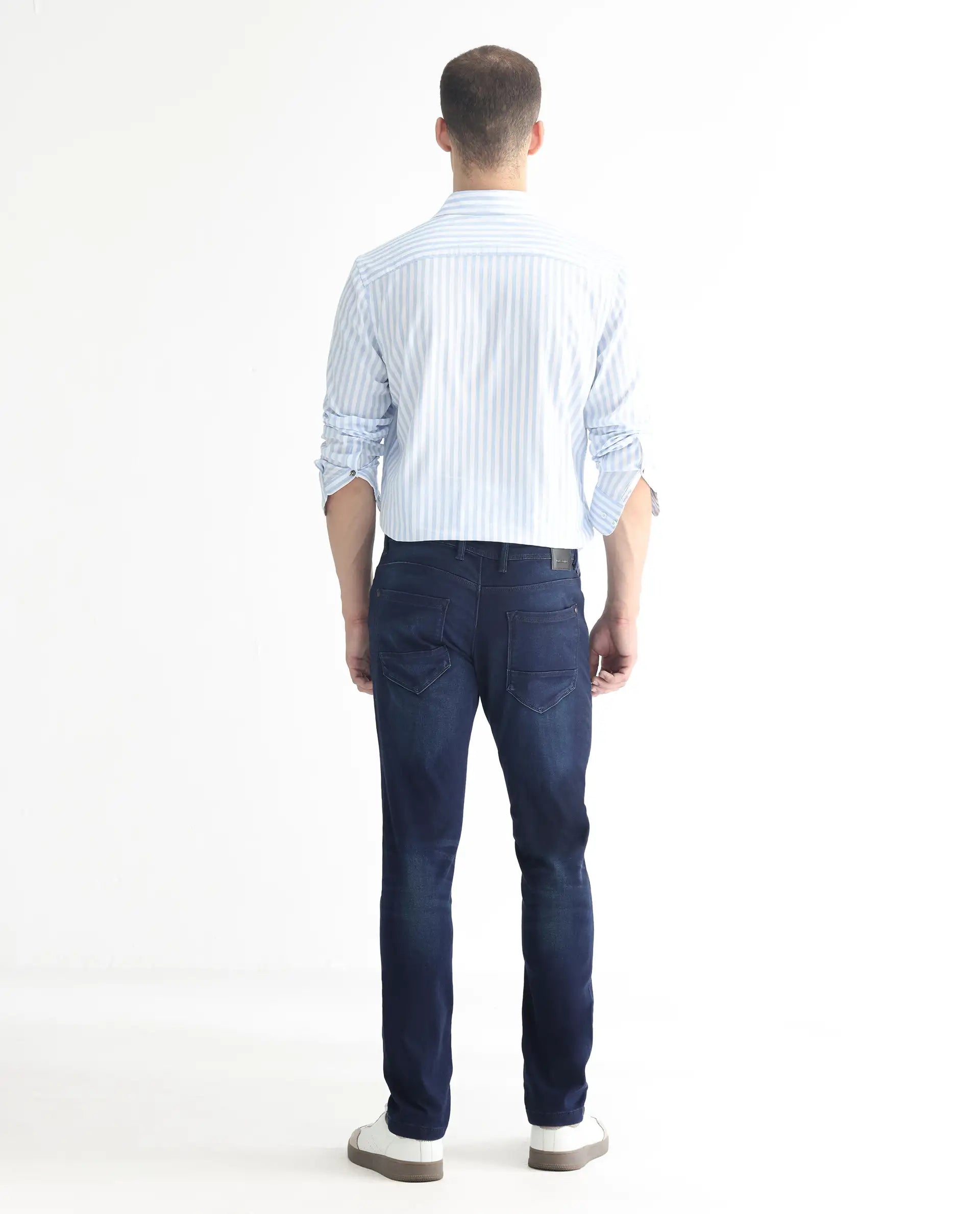 Rare Rabbit Men's Gaza Blue Cotton Plain Hawk Slim Fit Jeans