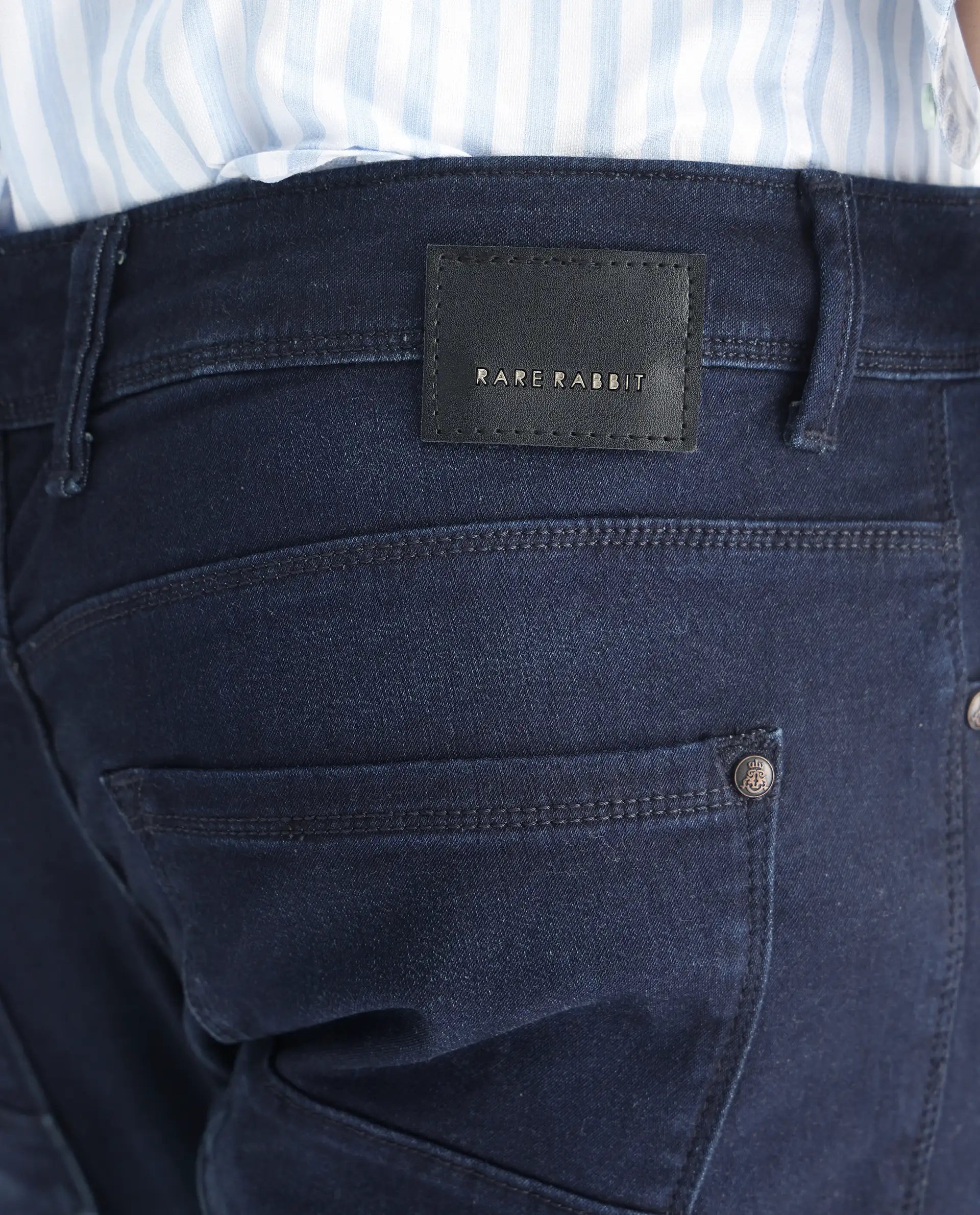 Rare Rabbit Men's Gaza Blue Cotton Plain Hawk Slim Fit Jeans