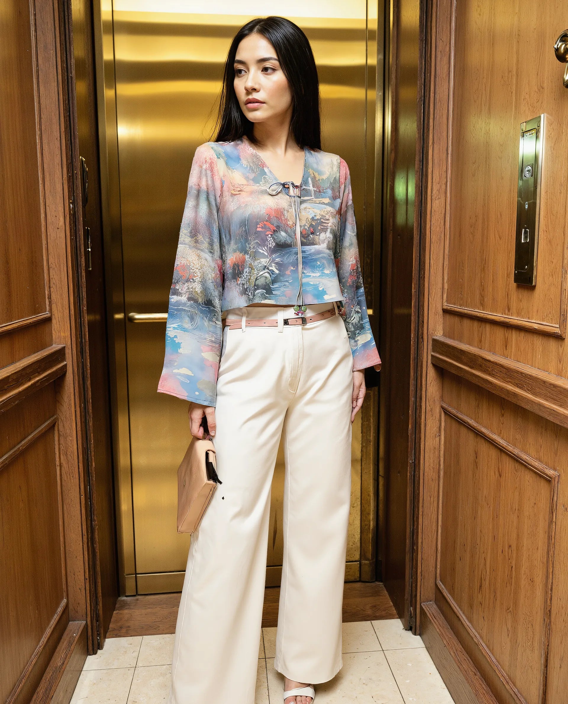 Rareism Women's Toulon Multi Satin V-Neck Abstract Print Bell Sleeve Crop Regular Fit Top