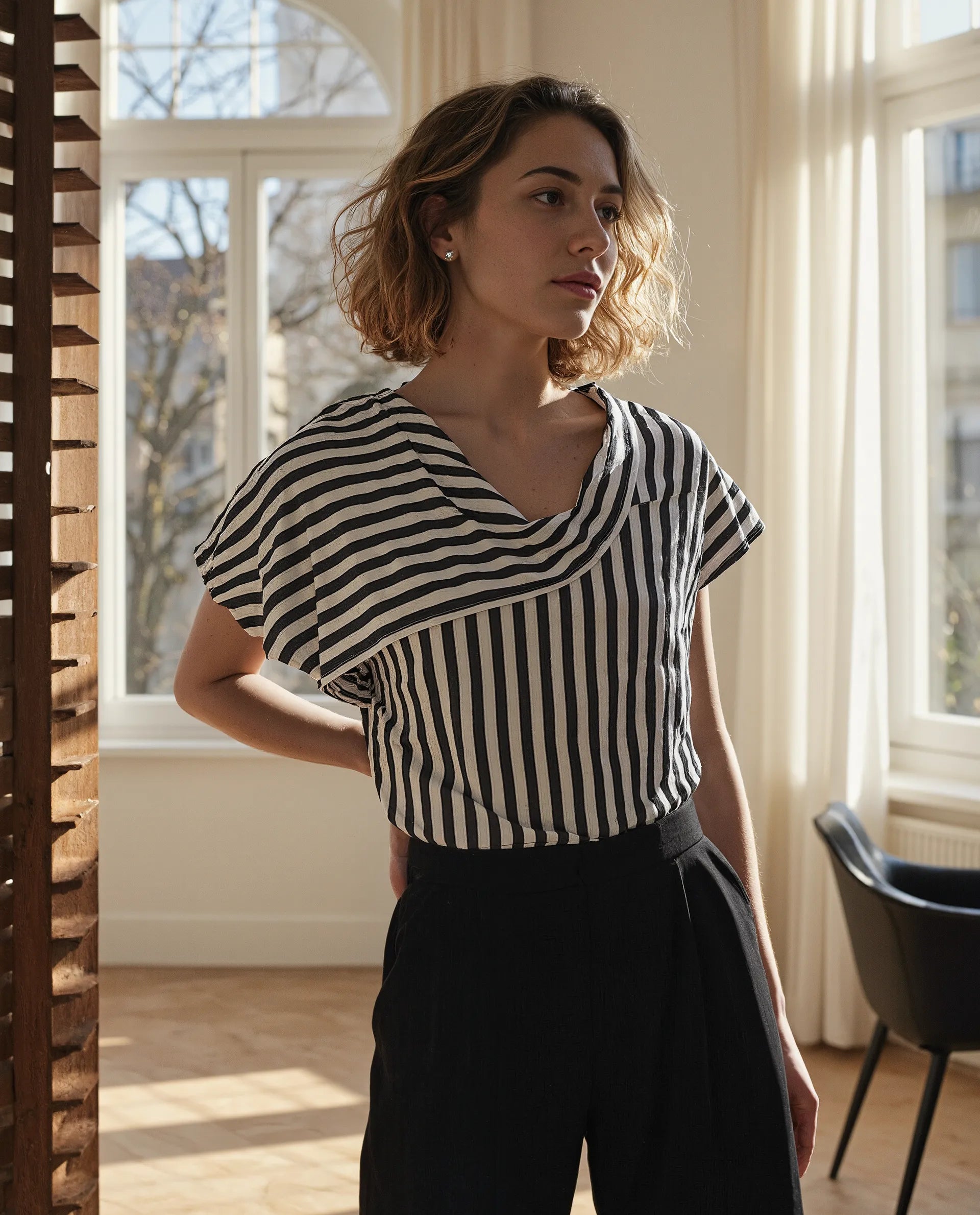 Rareism Women's Ronwor White Cotton Cowl Neck Striped Extended Sleeves Regular Fit Top