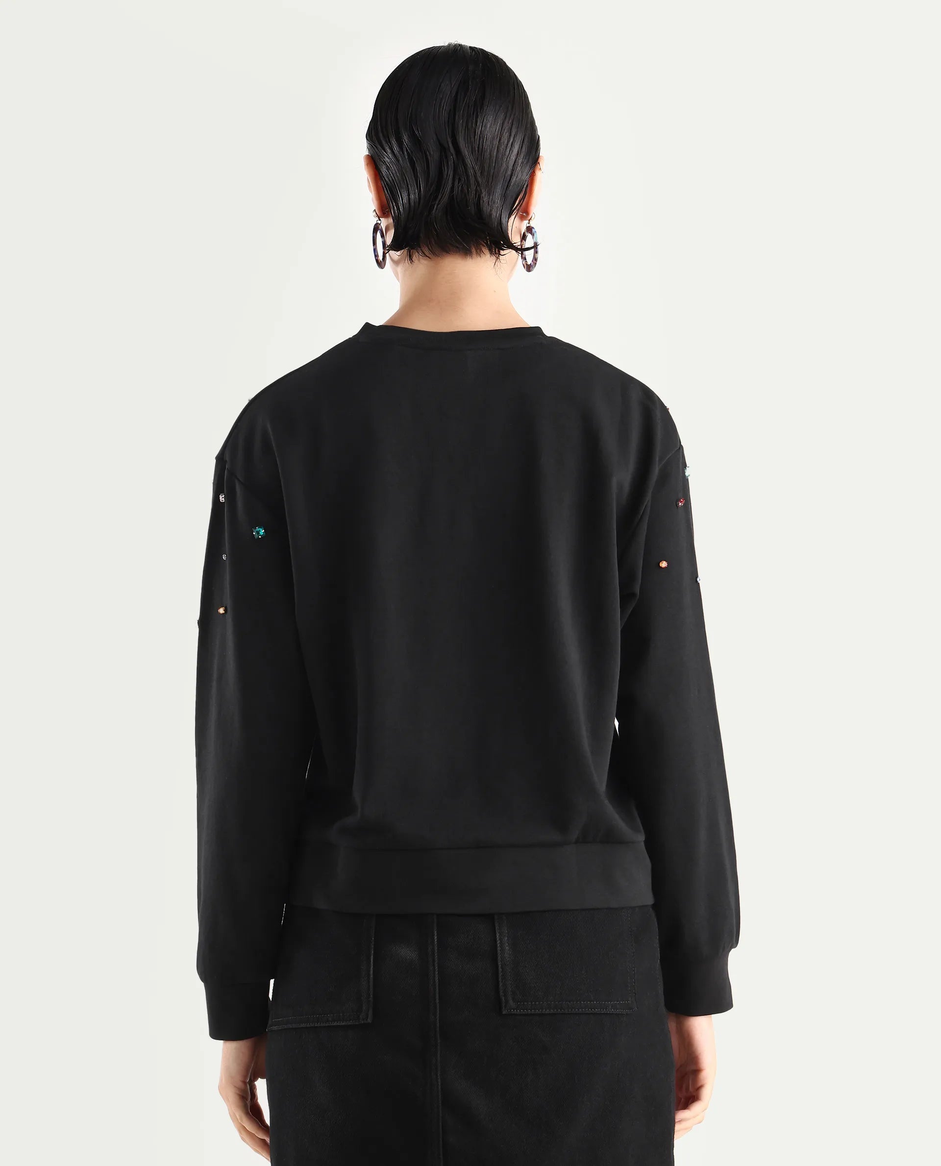 Rareism Women's Gera Black Cotton Blend Crew Neck Plain Relaxed Fit Sweatshirt