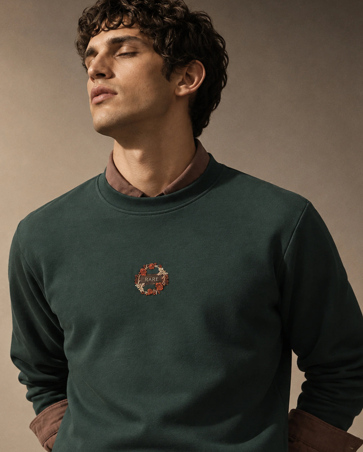 Rare Rabbit Men's Gian Dark Green Cotton Blend Crew Neck Regular Embroidered Sweatshirt