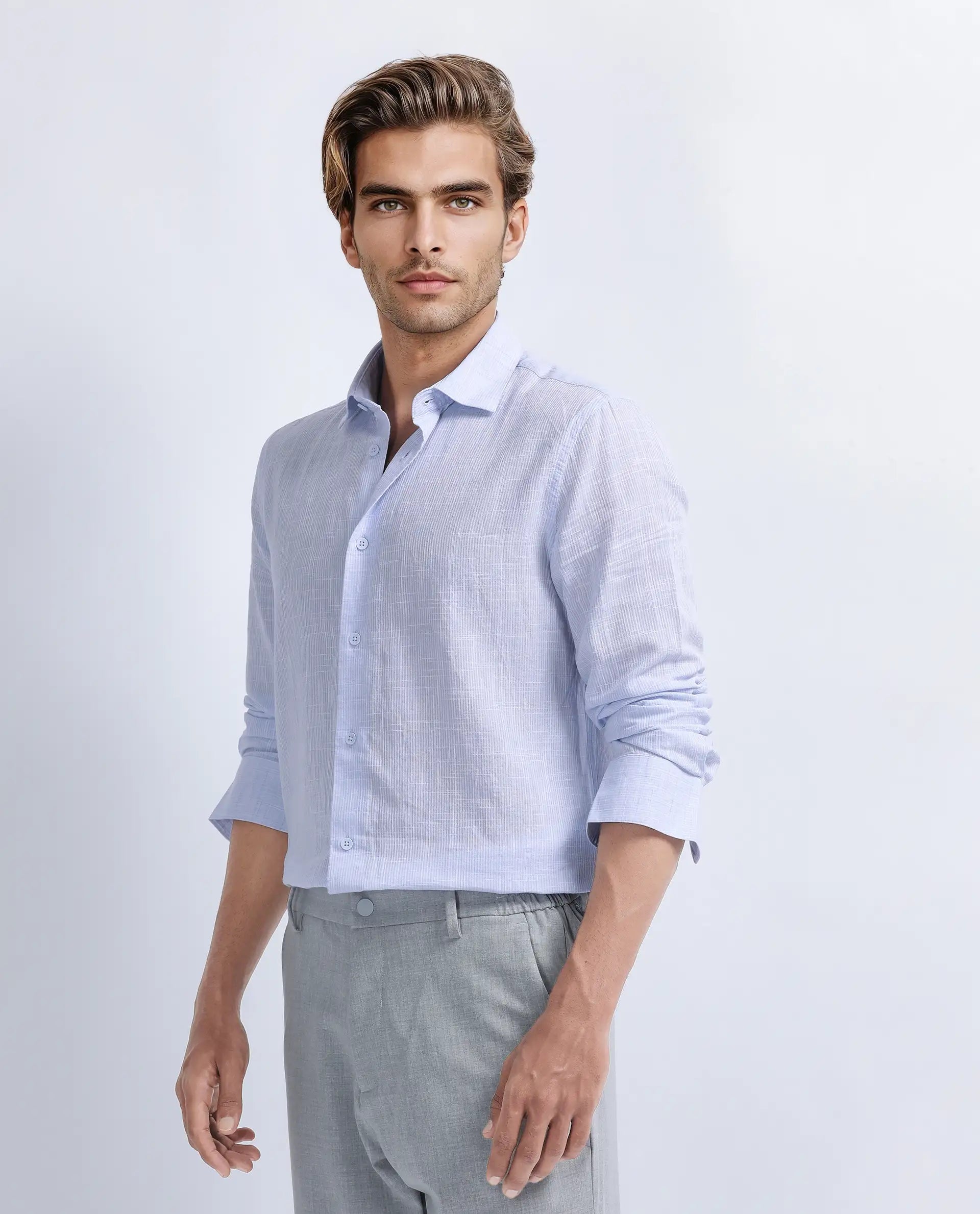 Rare Rabbit Men's Gico Pastel Blue Cotton Plain Regular Fit Full Sleeve Collared Shirt