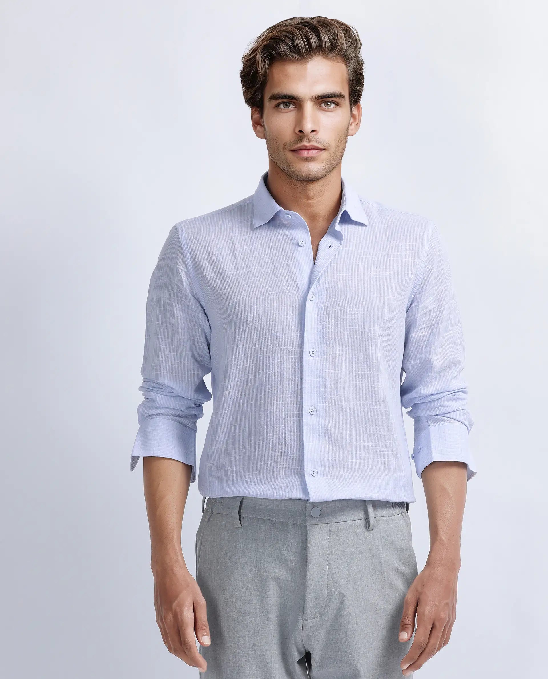 Rare Rabbit Men's Gico Pastel Blue Cotton Plain Regular Fit Full Sleeve Collared Shirt