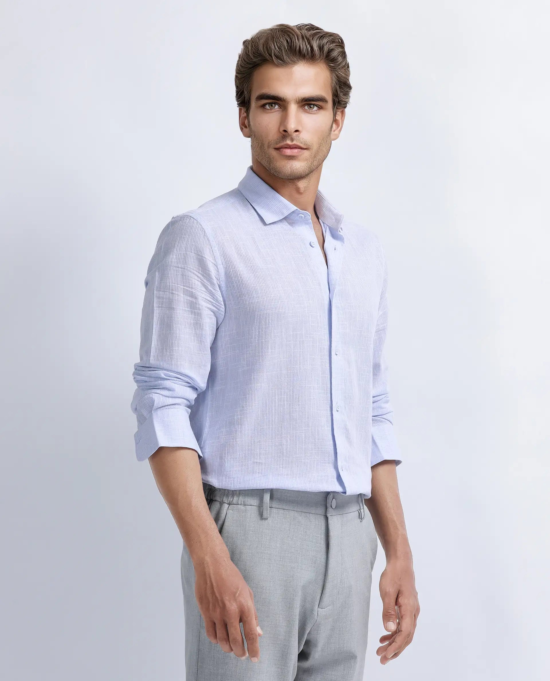 Rare Rabbit Men's Gico Pastel Blue Cotton Plain Regular Fit Full Sleeve Collared Shirt