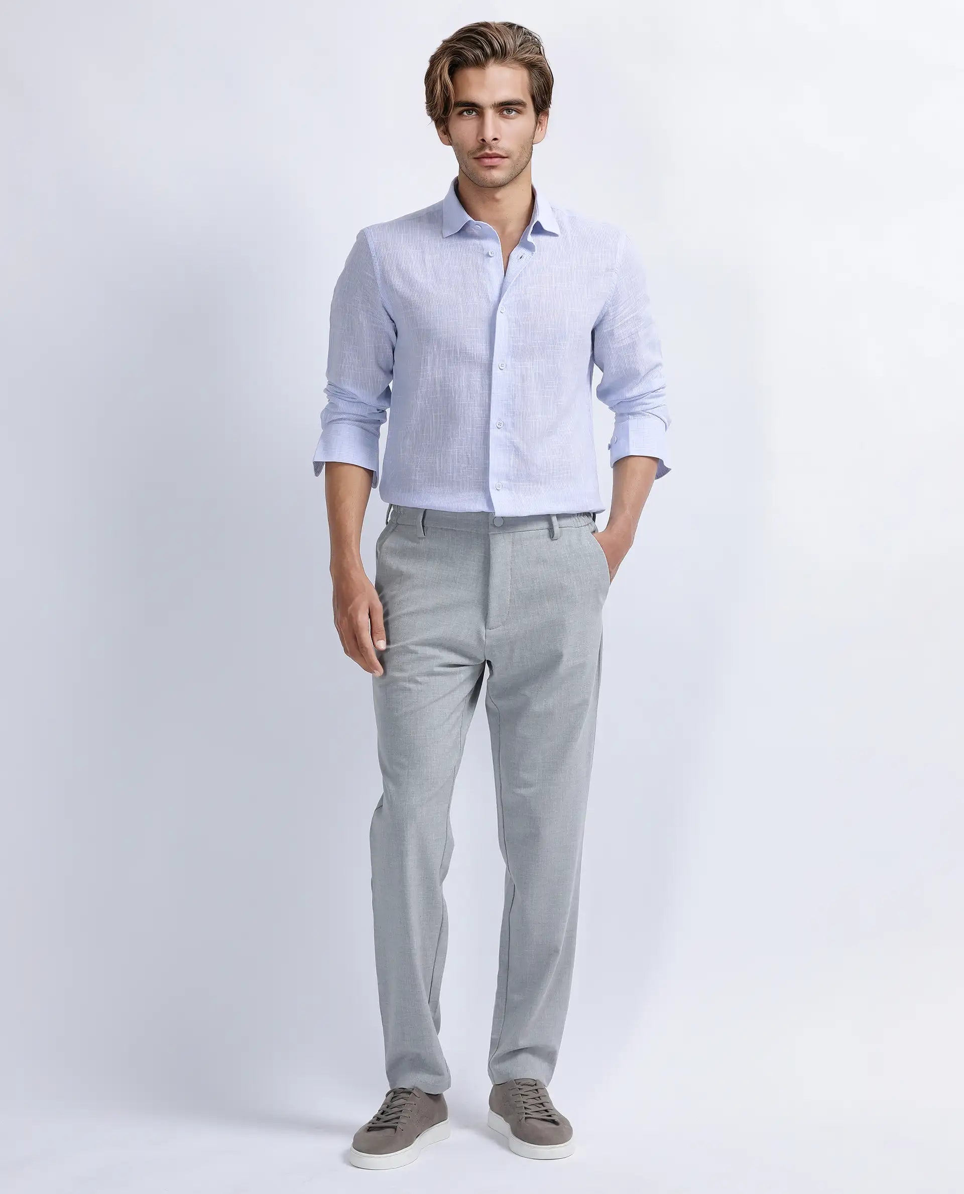 Rare Rabbit Men's Gico Pastel Blue Cotton Plain Regular Fit Full Sleeve Collared Shirt