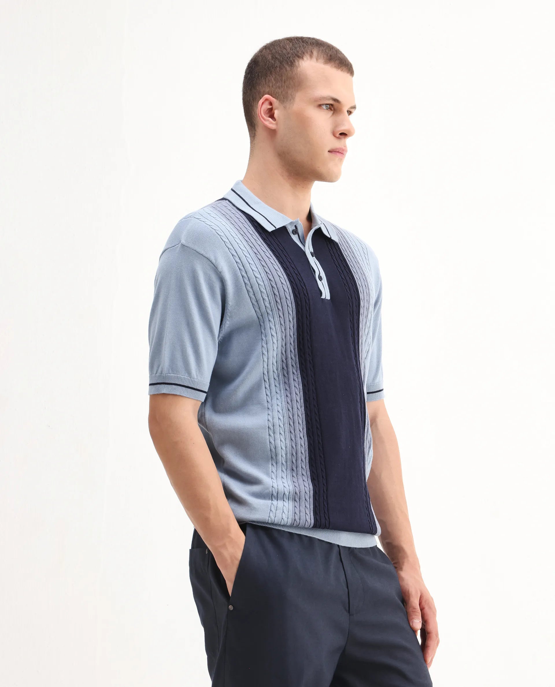 Rare Rabbit Men's Giff Dusky Blue Cotton Textured Regular Fit Half Sleeve Polo