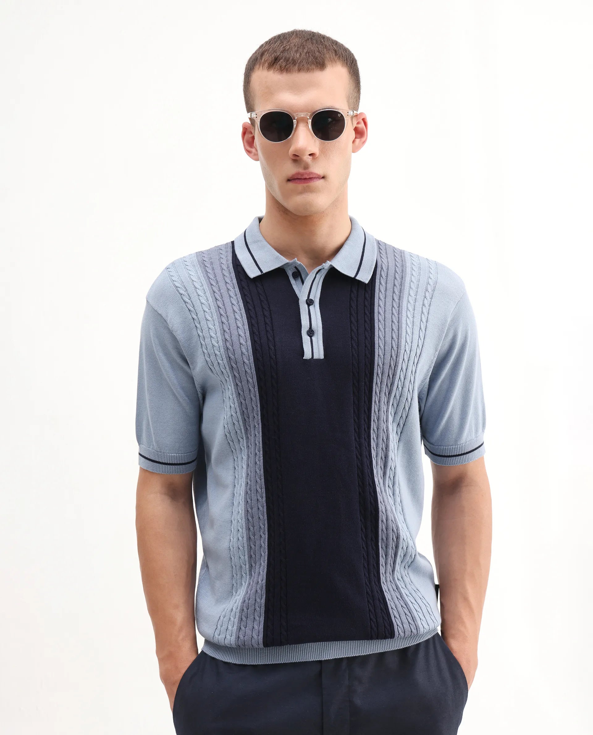 Rare Rabbit Men's Giff Dusky Blue Cotton Textured Regular Fit Half Sleeve Polo