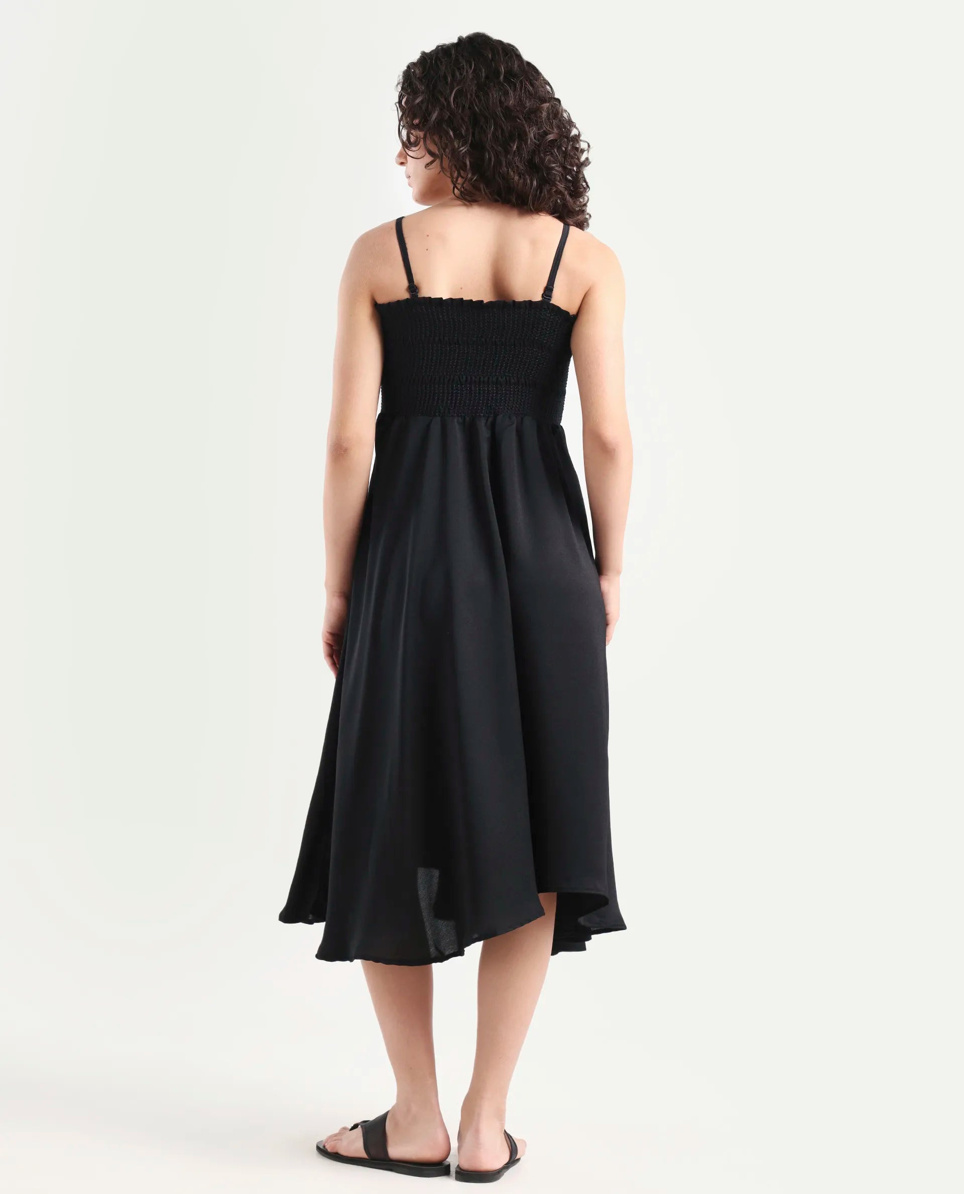 Rareism Women's Gimpel Black Viscose Blend Collarless Plain Shoulder Strap Maxi Fit And Flare Dress