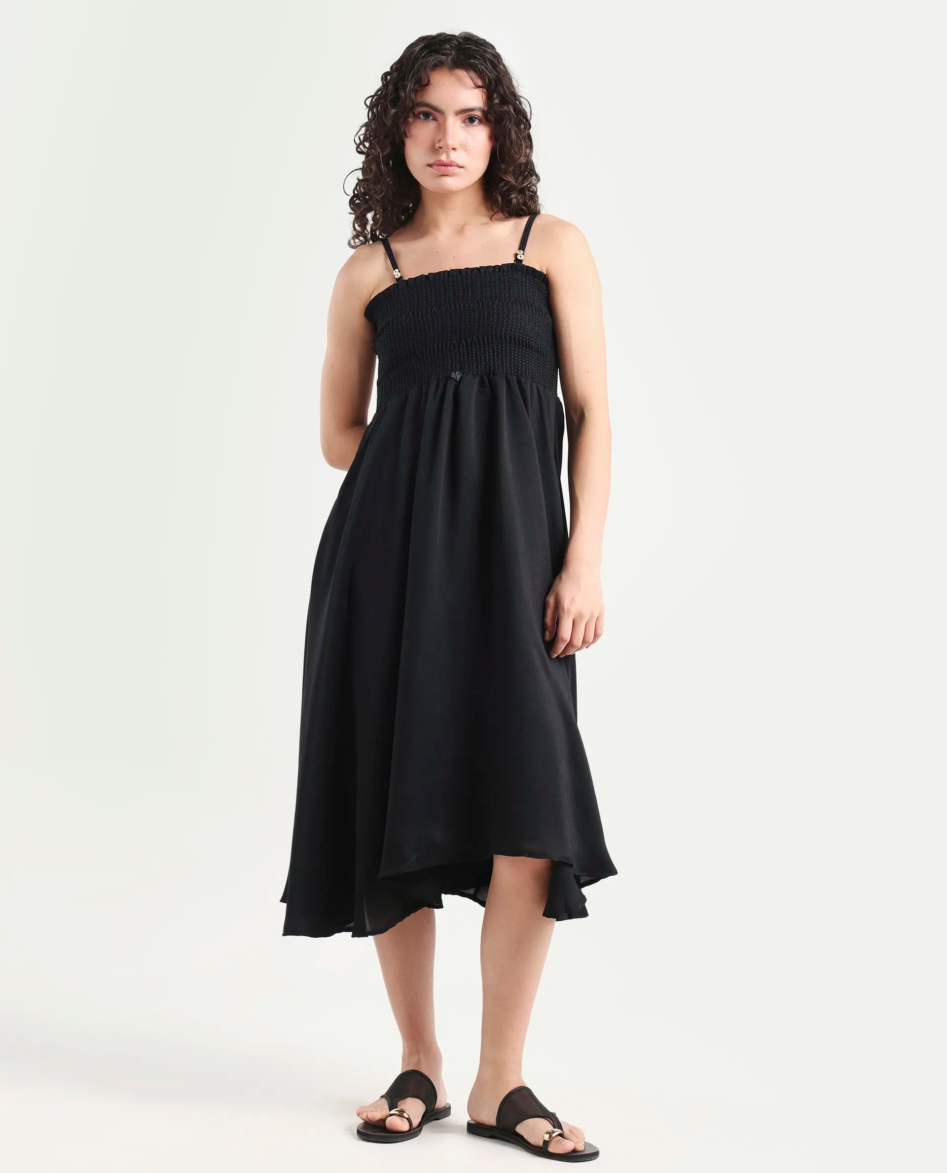 Rareism Women's Gimpel Black Viscose Blend Collarless Plain Shoulder Strap Maxi Fit And Flare Dress