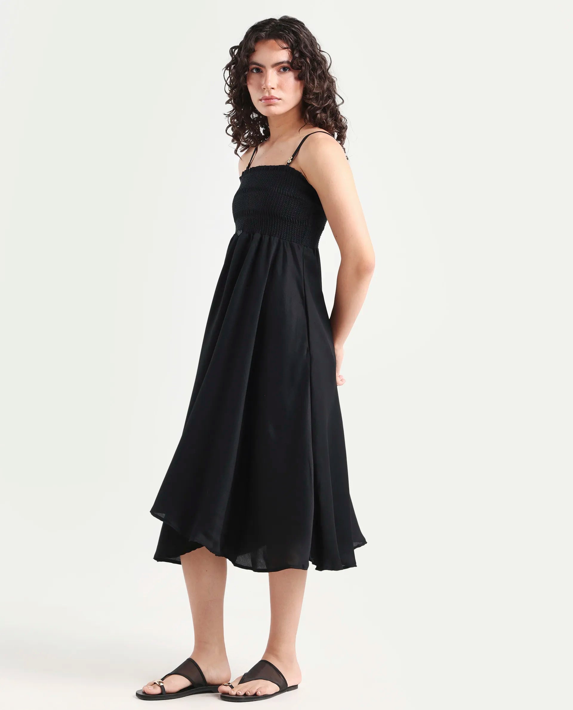 Rareism Women's Gimpel Black Viscose Blend Collarless Plain Shoulder Strap Maxi Fit And Flare Dress