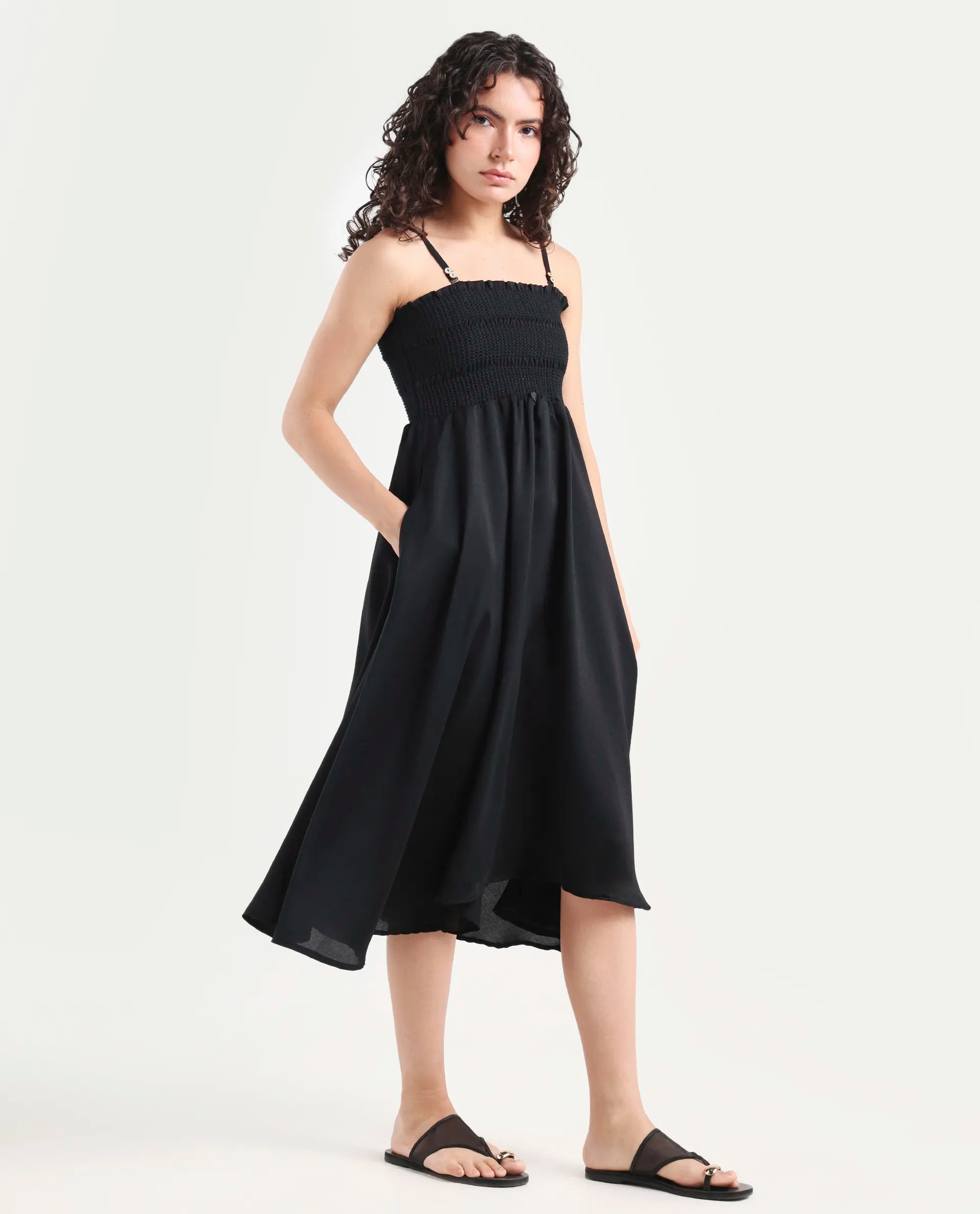 Rareism Women's Gimpel Black Viscose Blend Collarless Plain Shoulder Strap Maxi Fit And Flare Dress