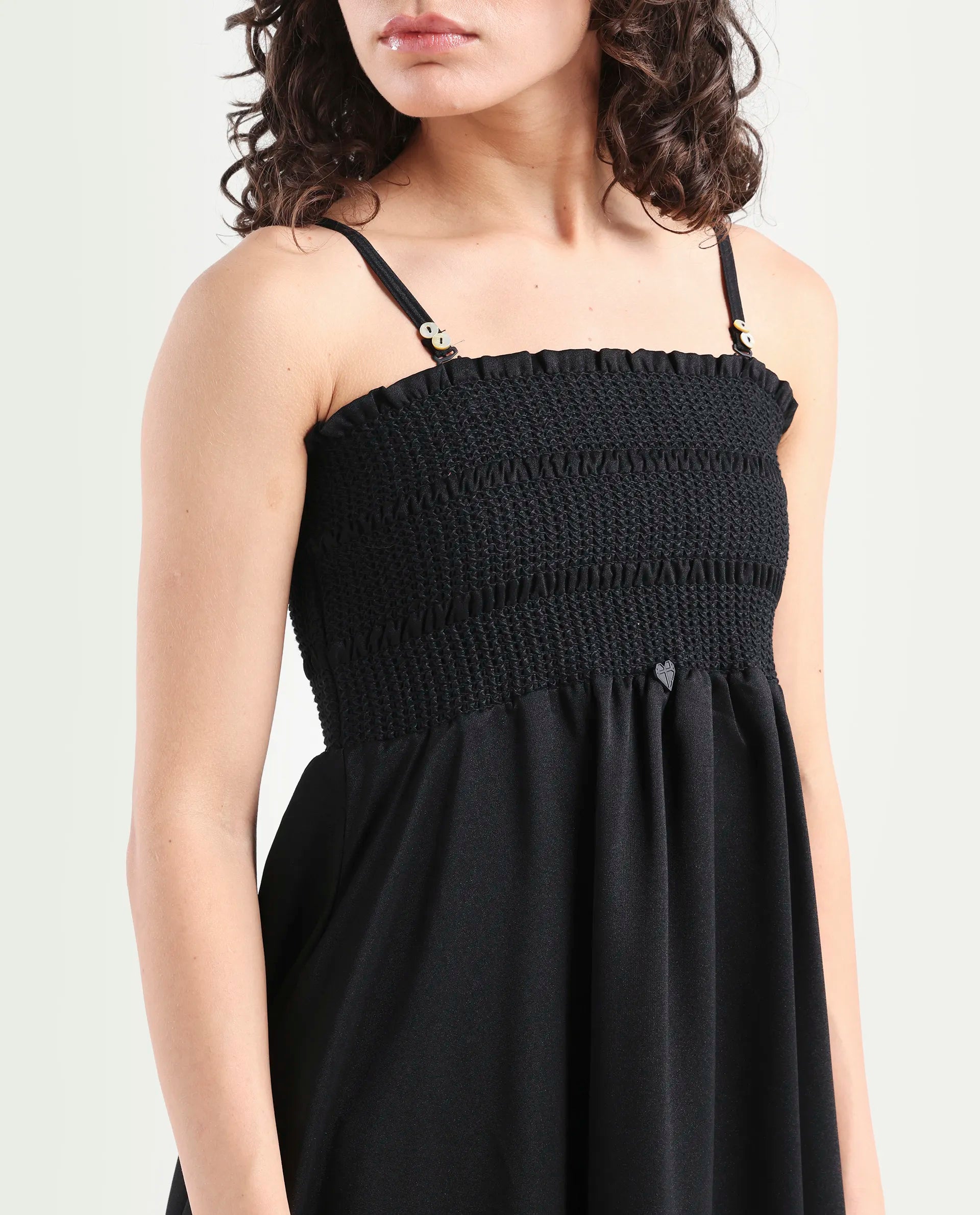 Rareism Women's Gimpel Black Viscose Blend Collarless Plain Shoulder Strap Maxi Fit And Flare Dress