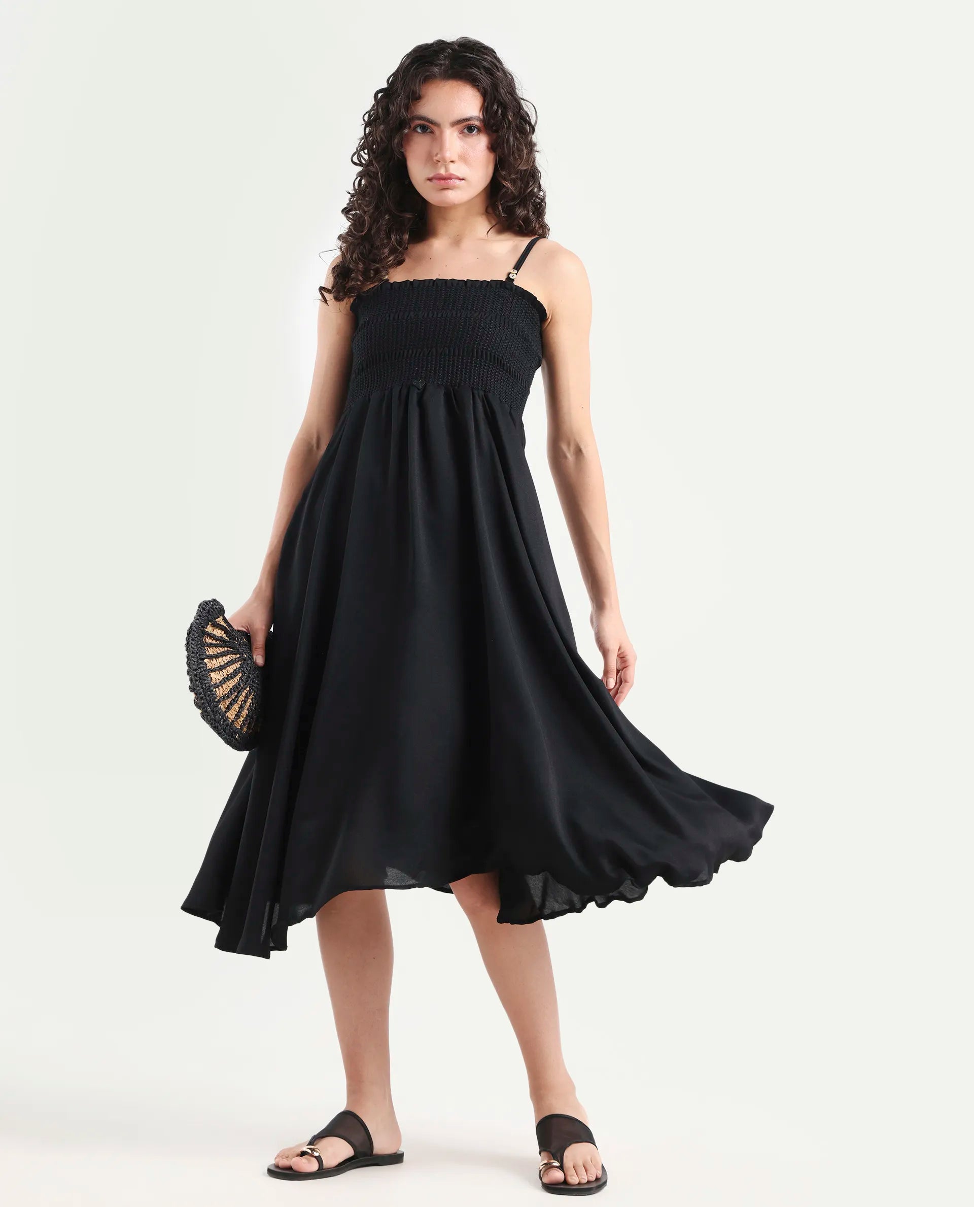 Rareism Women's Gimpel Black Viscose Blend Collarless Plain Shoulder Strap Maxi Fit And Flare Dress