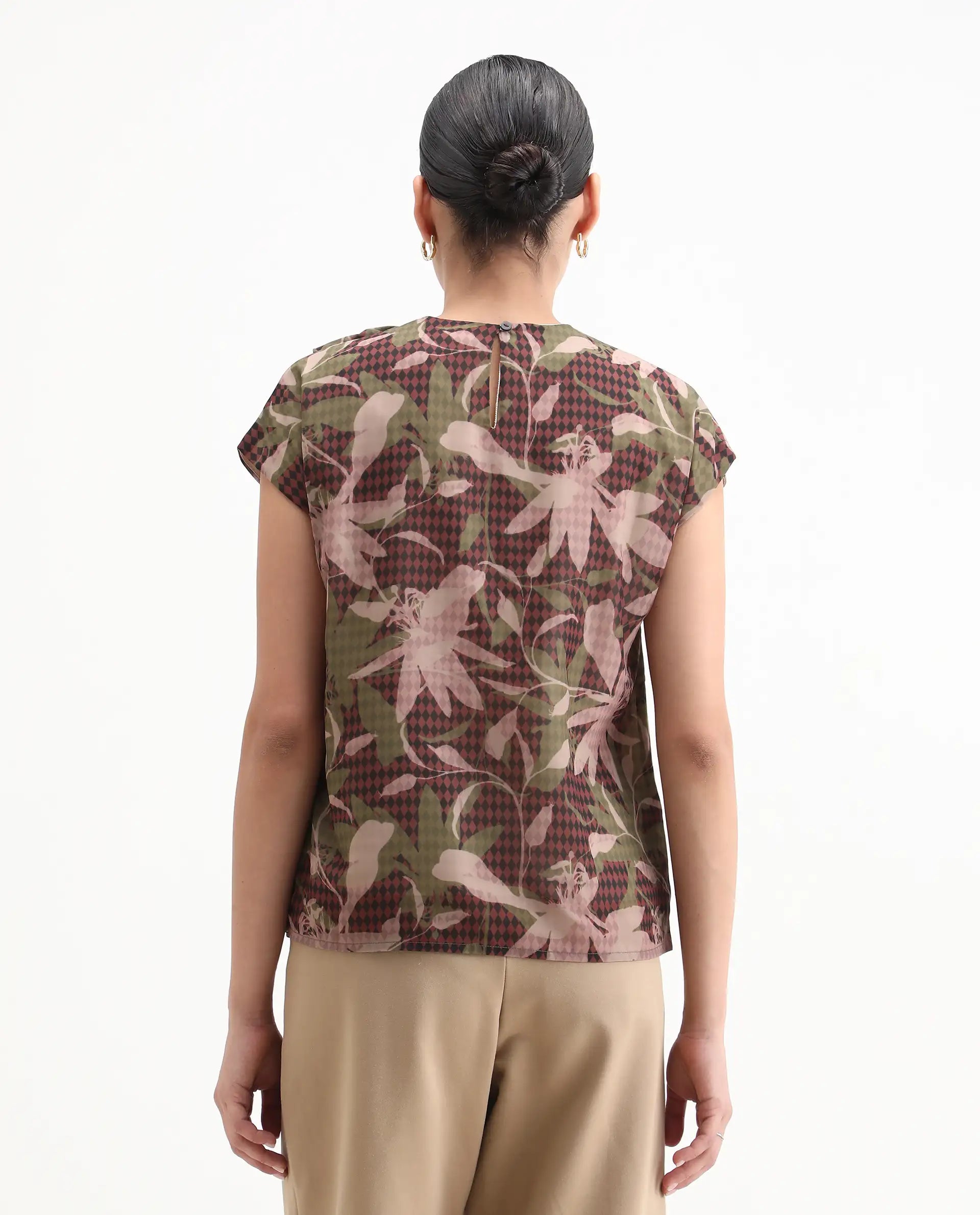 Rareism Women's Ginga Multi Polyester Crew Neck Leaf Print Extended Sleeves Regular Fit Top