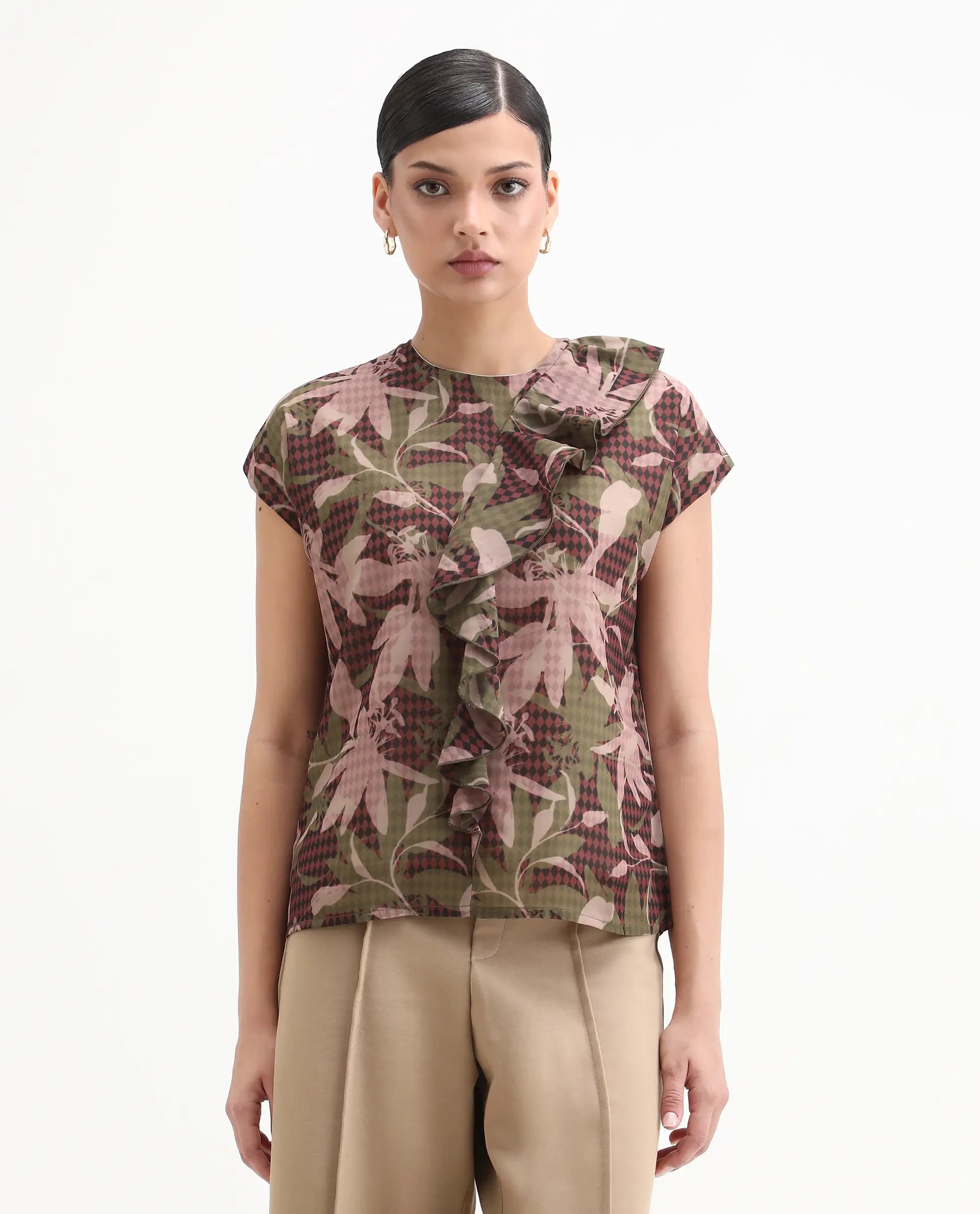 Rareism Women's Ginga Multi Polyester Crew Neck Leaf Print Extended Sleeves Regular Fit Top