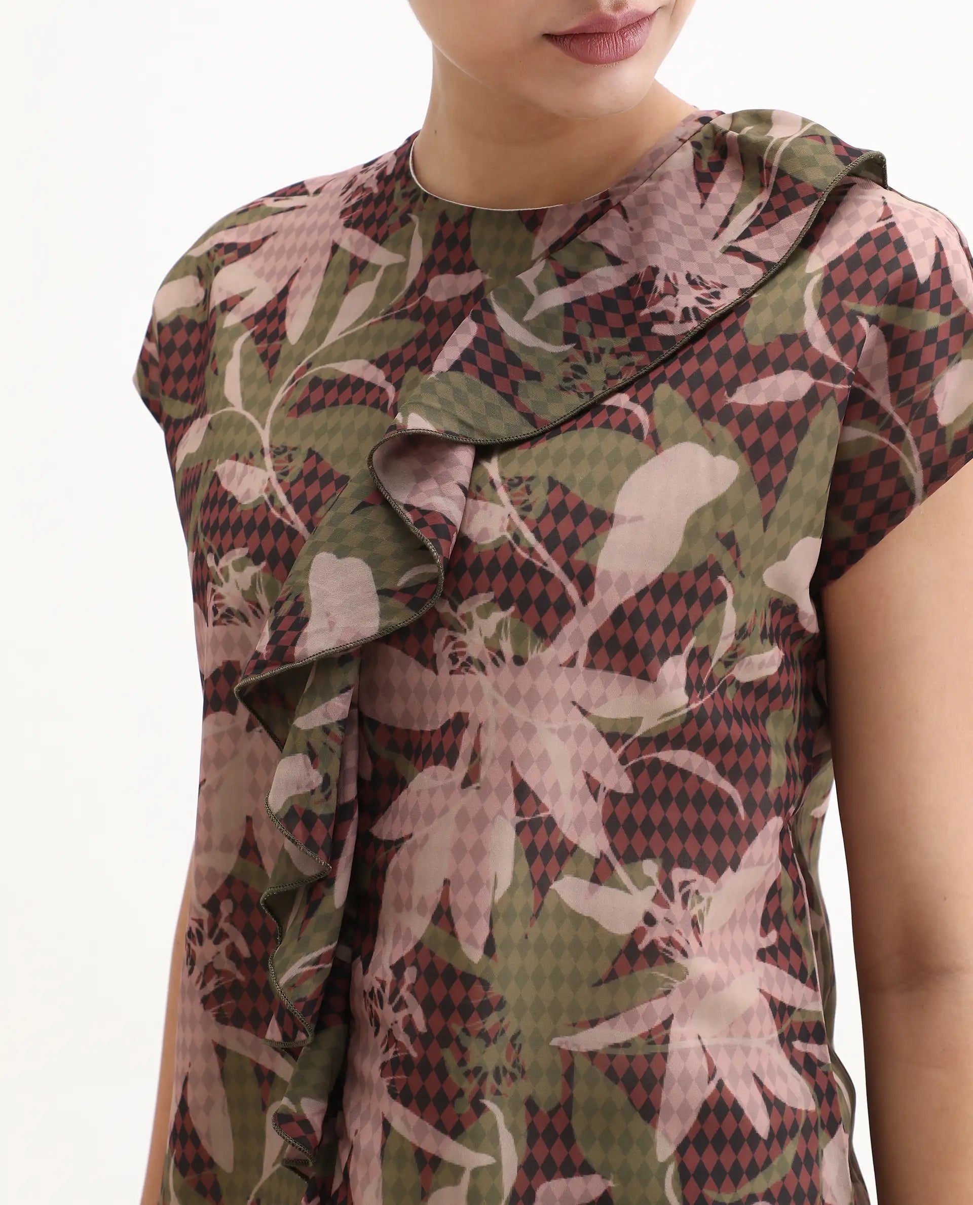 Rareism Women's Ginga Multi Polyester Crew Neck Leaf Print Extended Sleeves Regular Fit Top