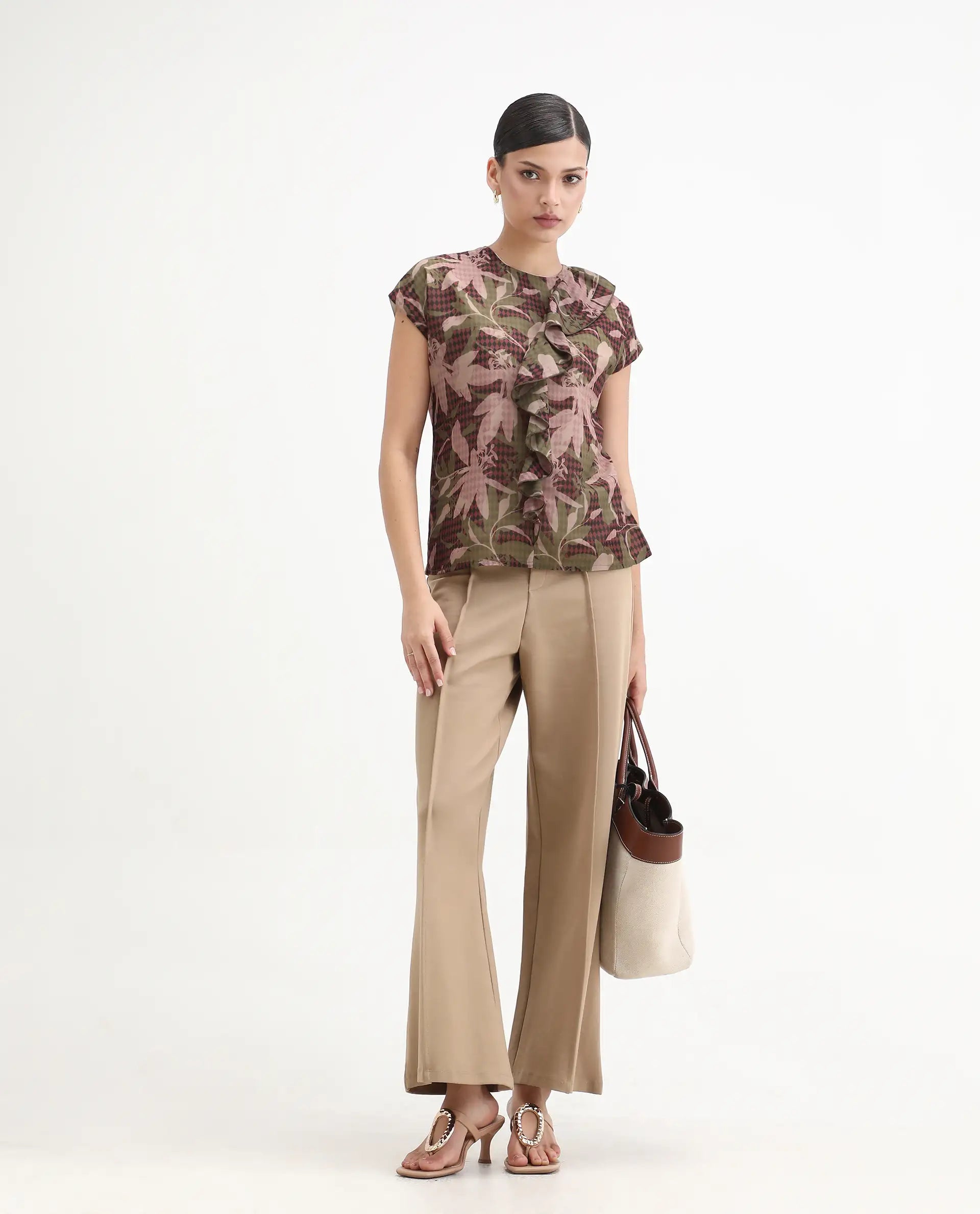 Rareism Women's Ginga Multi Polyester Crew Neck Leaf Print Extended Sleeves Regular Fit Top