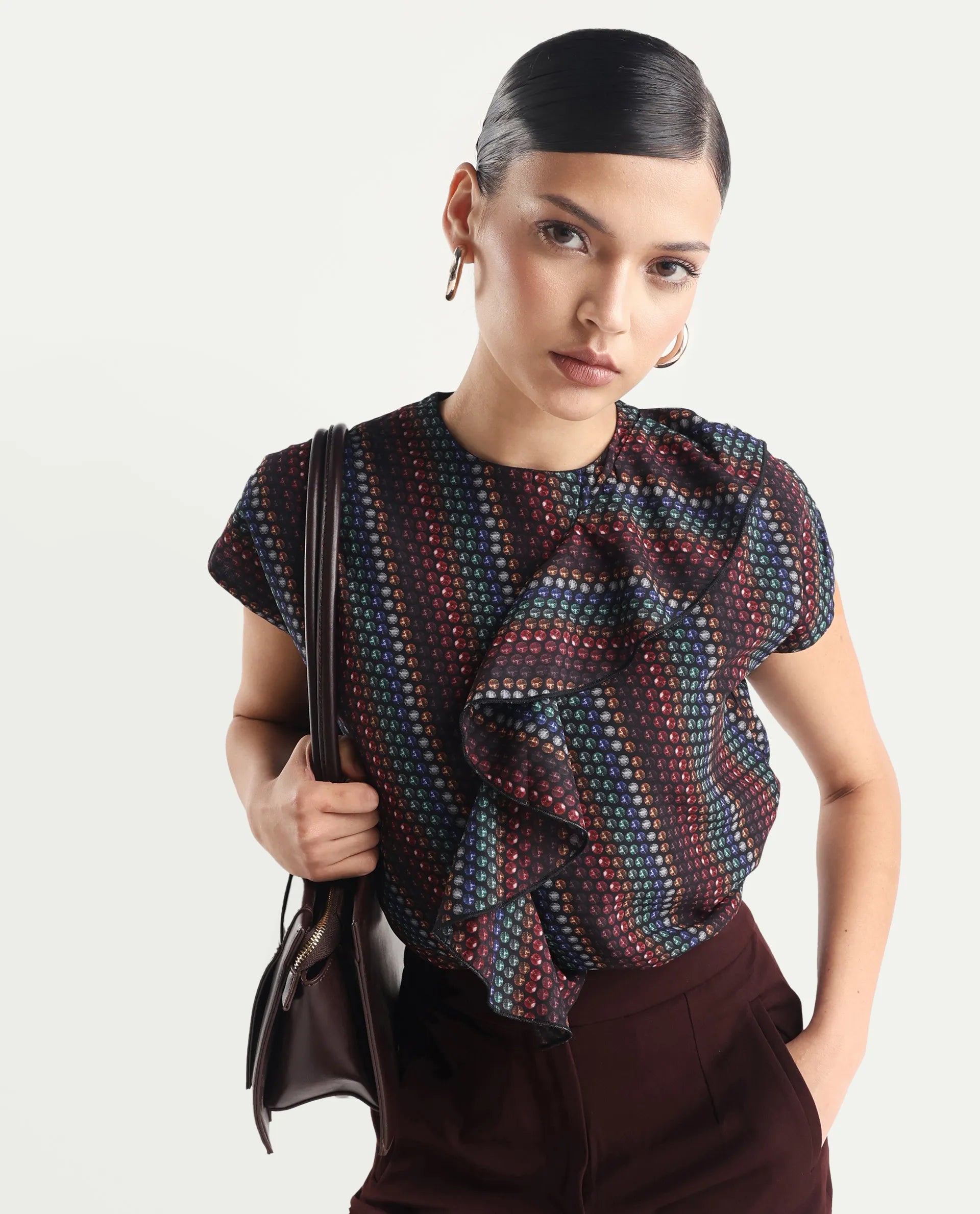 Rareism Women's Gingan Dark Multi Polyester Crew Neck Geometric Print Extended Sleeves Regular Fit Top