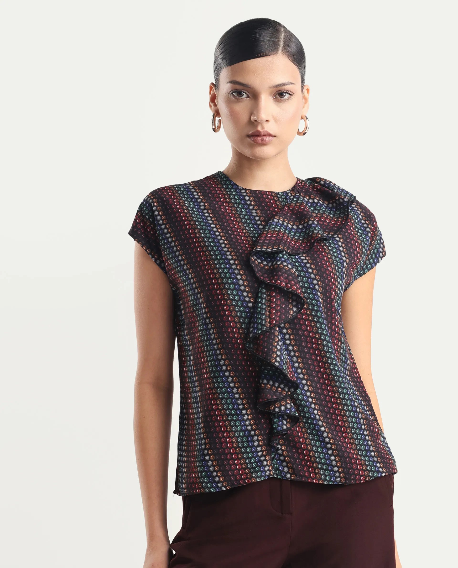 Rareism Women's Gingan Dark Multi Polyester Crew Neck Geometric Print Extended Sleeves Regular Fit Top